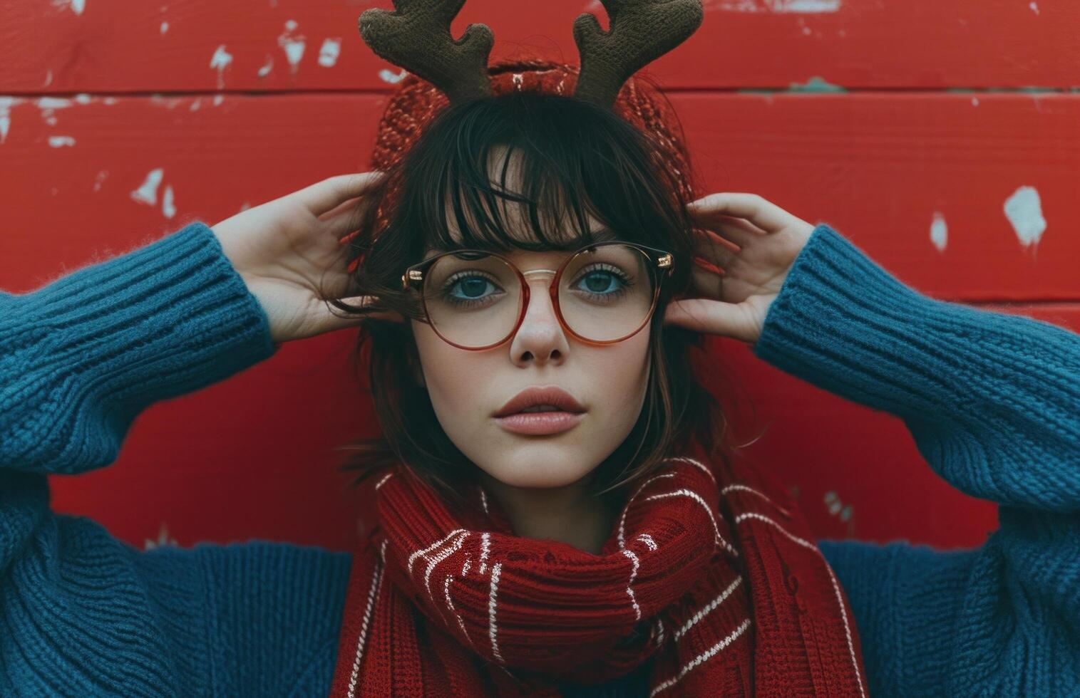 ai generado un mujer con un azul suéter poniendo en un reno bufanda y su ojos abierto foto