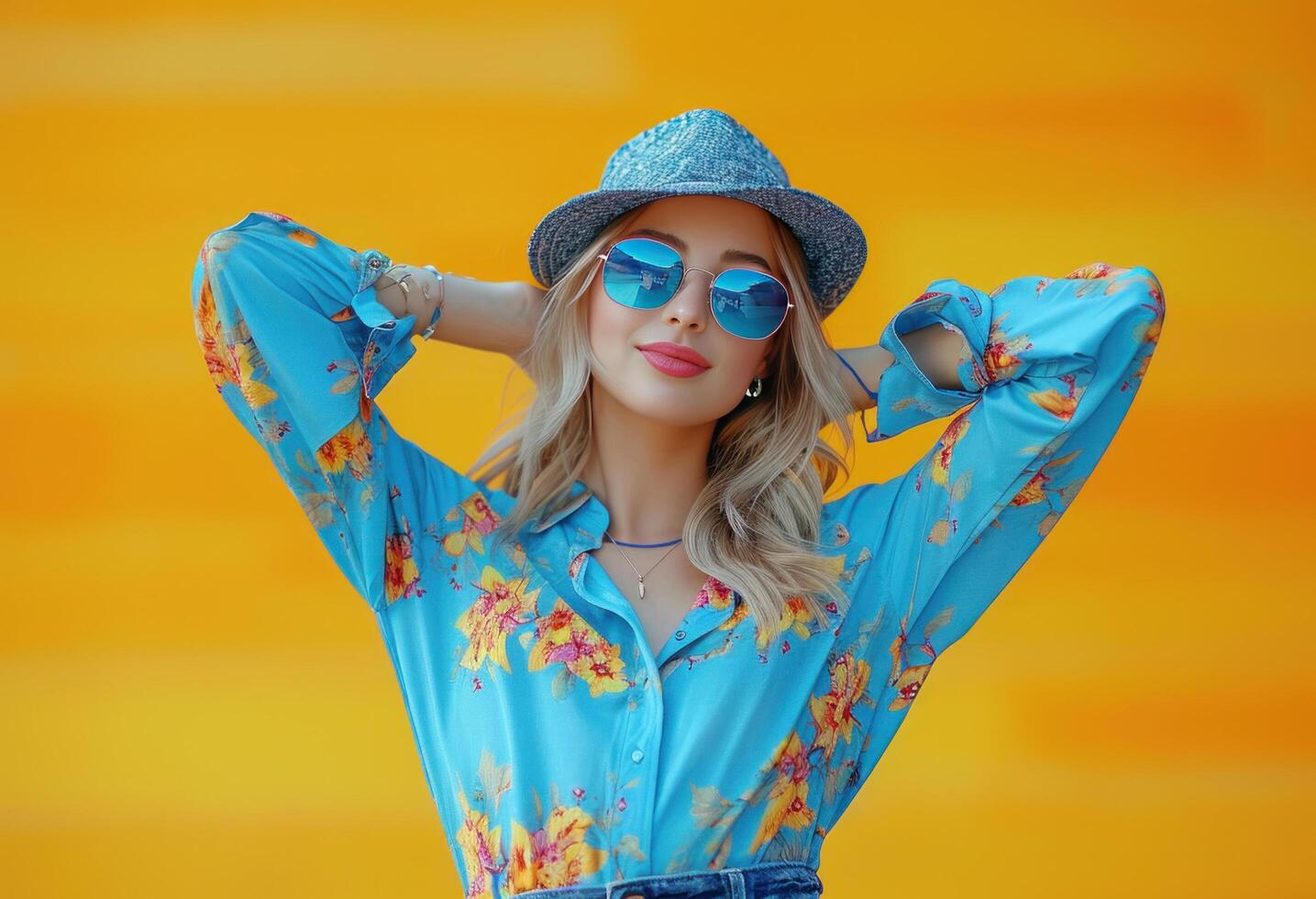 AI generated a young female in blue shirt and hat with blue sunglasses photo