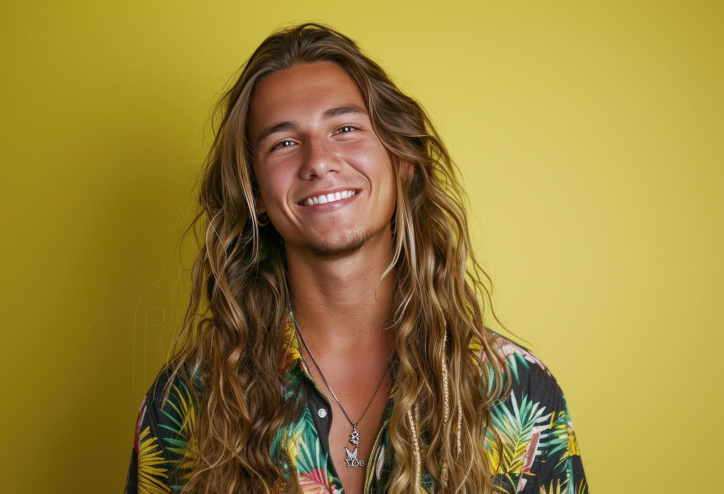 AI generated greeen background with man in long hair smiling photo