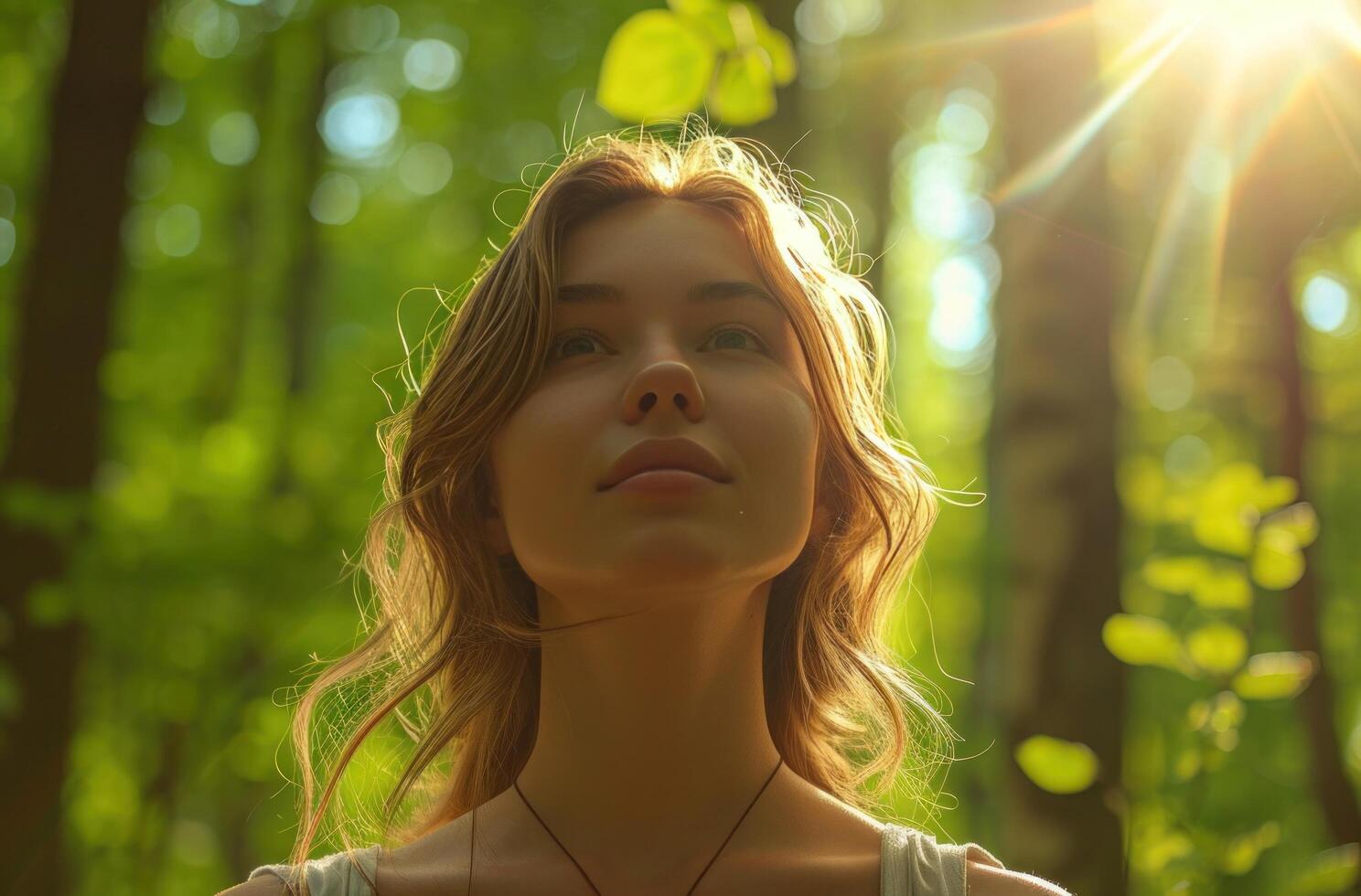 AI generated an image of a woman being in a forest breathing deeply photo