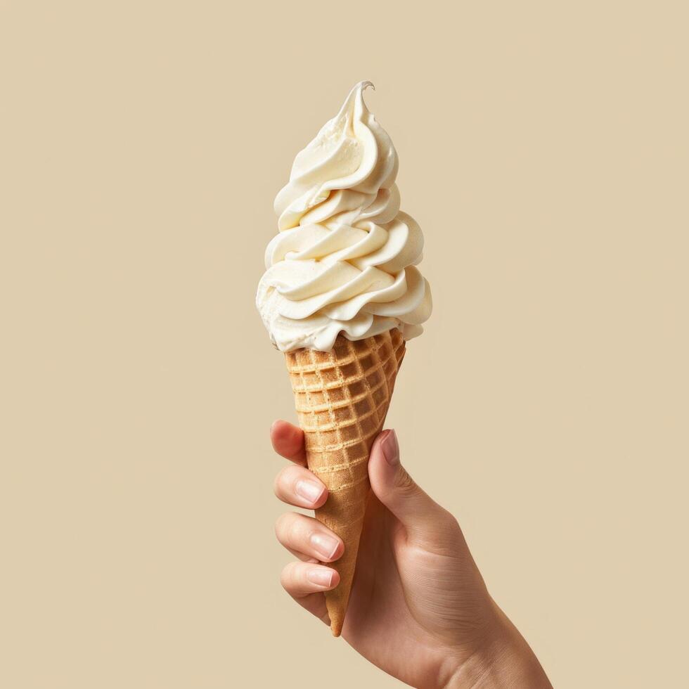 AI generated a hands holds an ice cream cone with ice cream photo