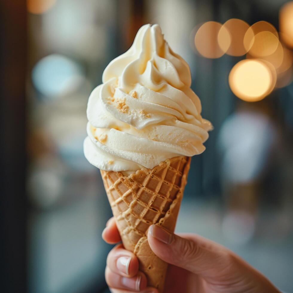 AI generated a person is holding up an ice cream cone with one vanilla eg cream photo