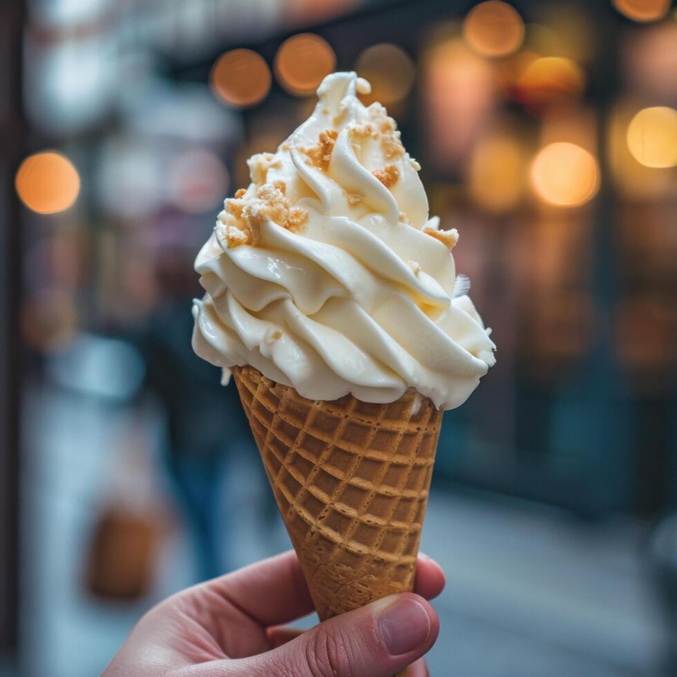 AI generated a person is holding up an ice cream cone with one vanilla eg cream photo