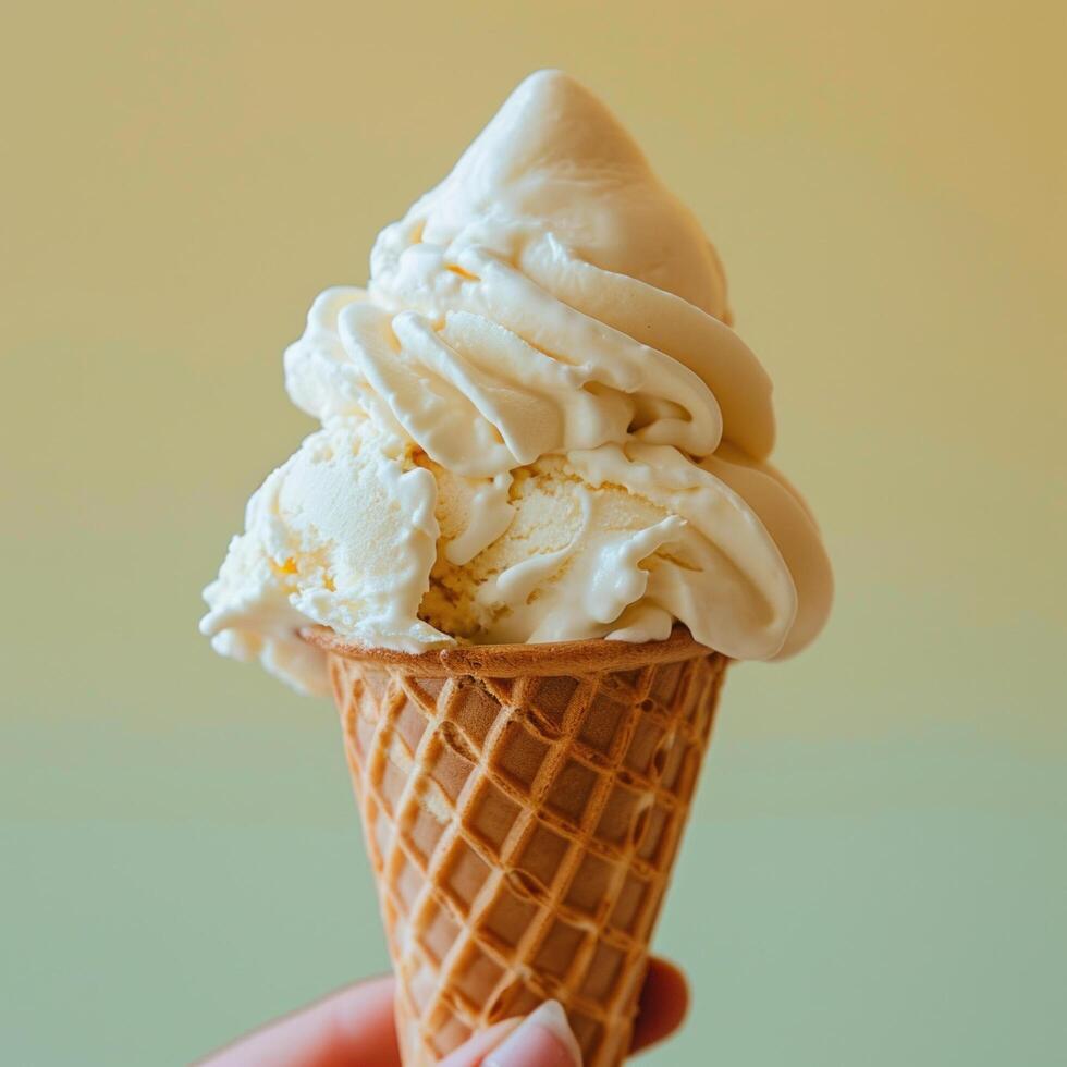 AI generated a person is holding up an ice cream cone with one vanilla eg cream photo