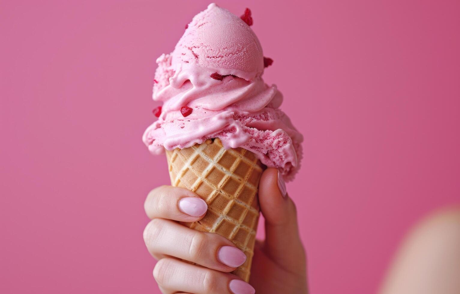 AI generated hand holding waffle cone with pink ice cream on pink background photo