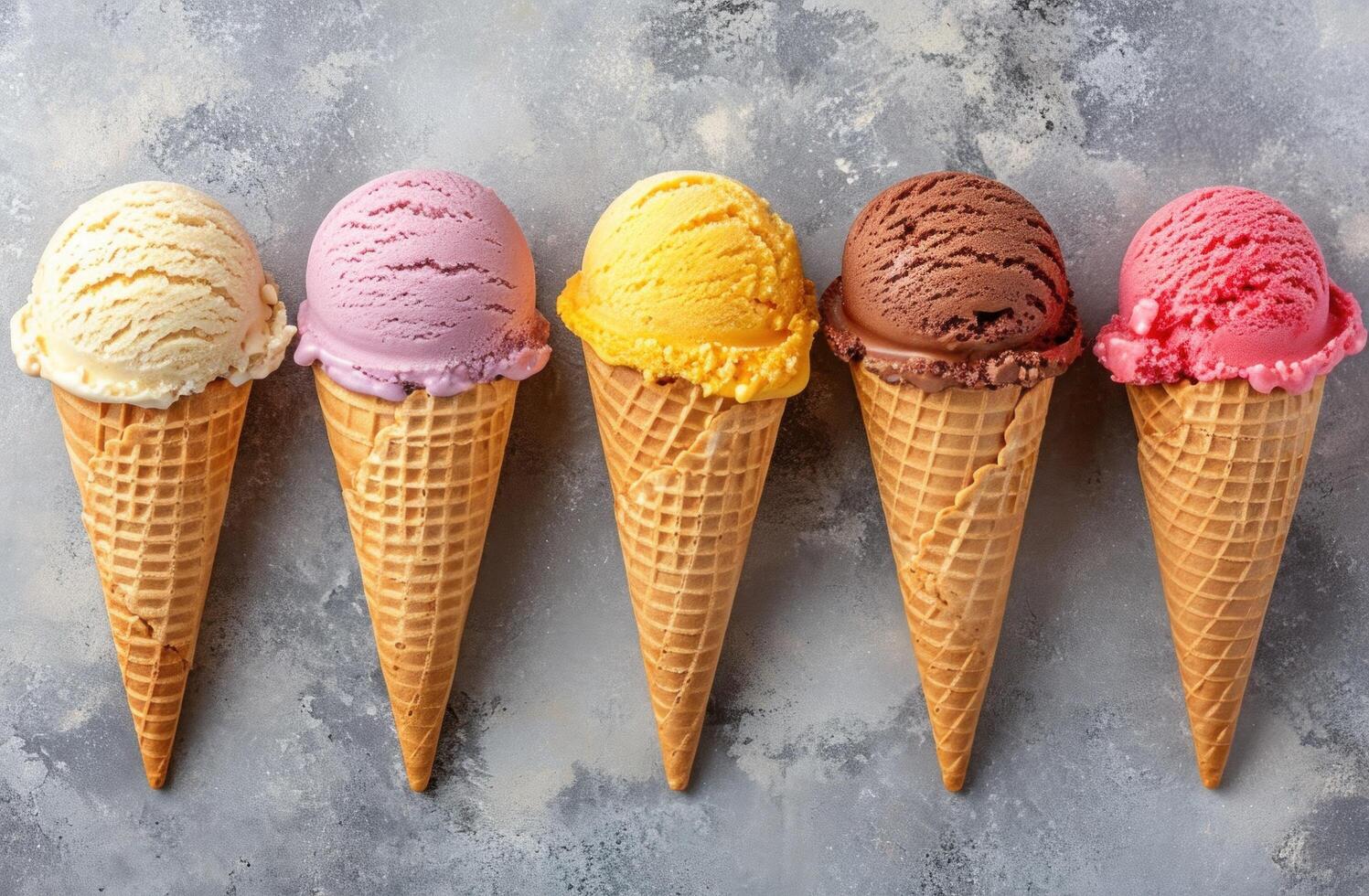 AI generated five cones of different flavors on a table photo