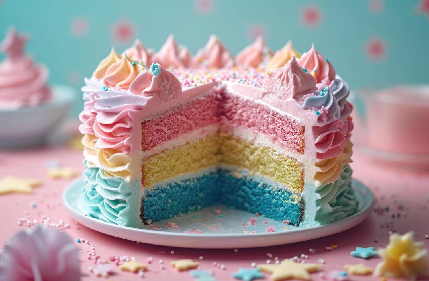 AI generated blue, pink, and yellow rainbow birthday cake on a table with stars over it photo