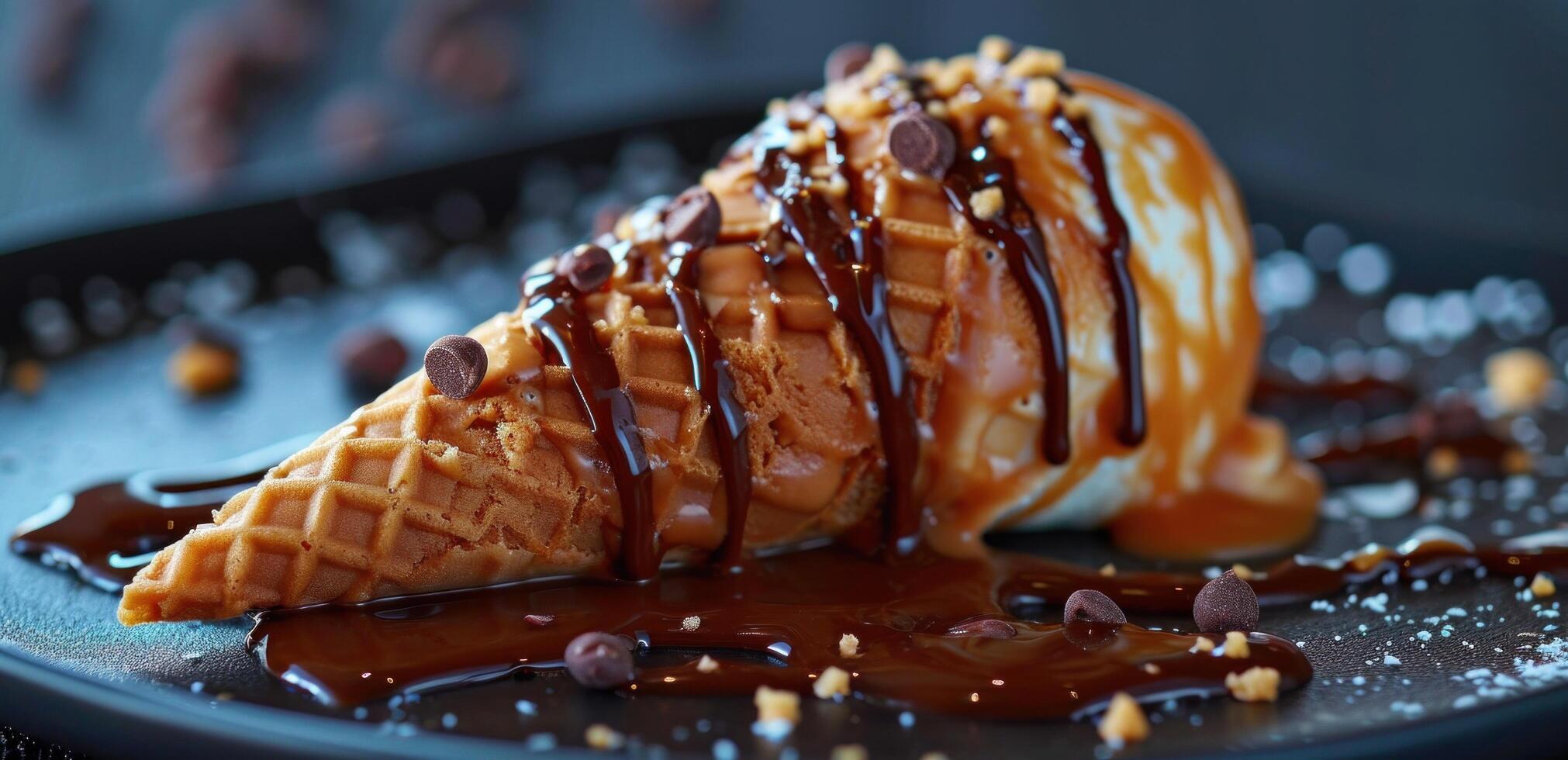 AI generated a cake and chocolate ice cream with caramel, elongated, random ravels photo