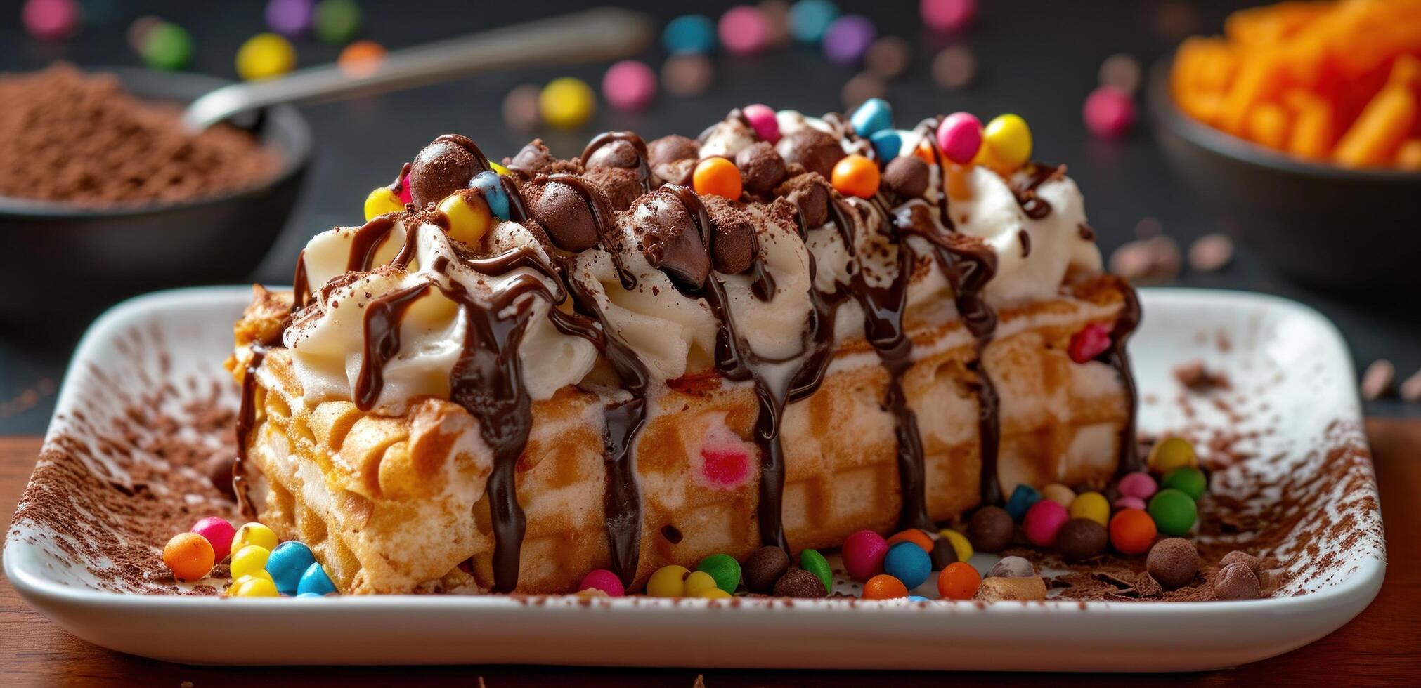 AI generated a cake and chocolate ice cream with caramel, elongated photo