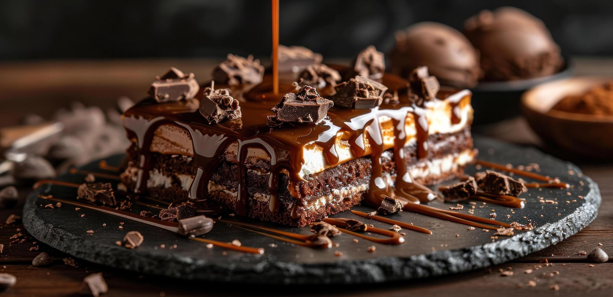 AI generated a cake and chocolate ice cream with caramel, elongated photo