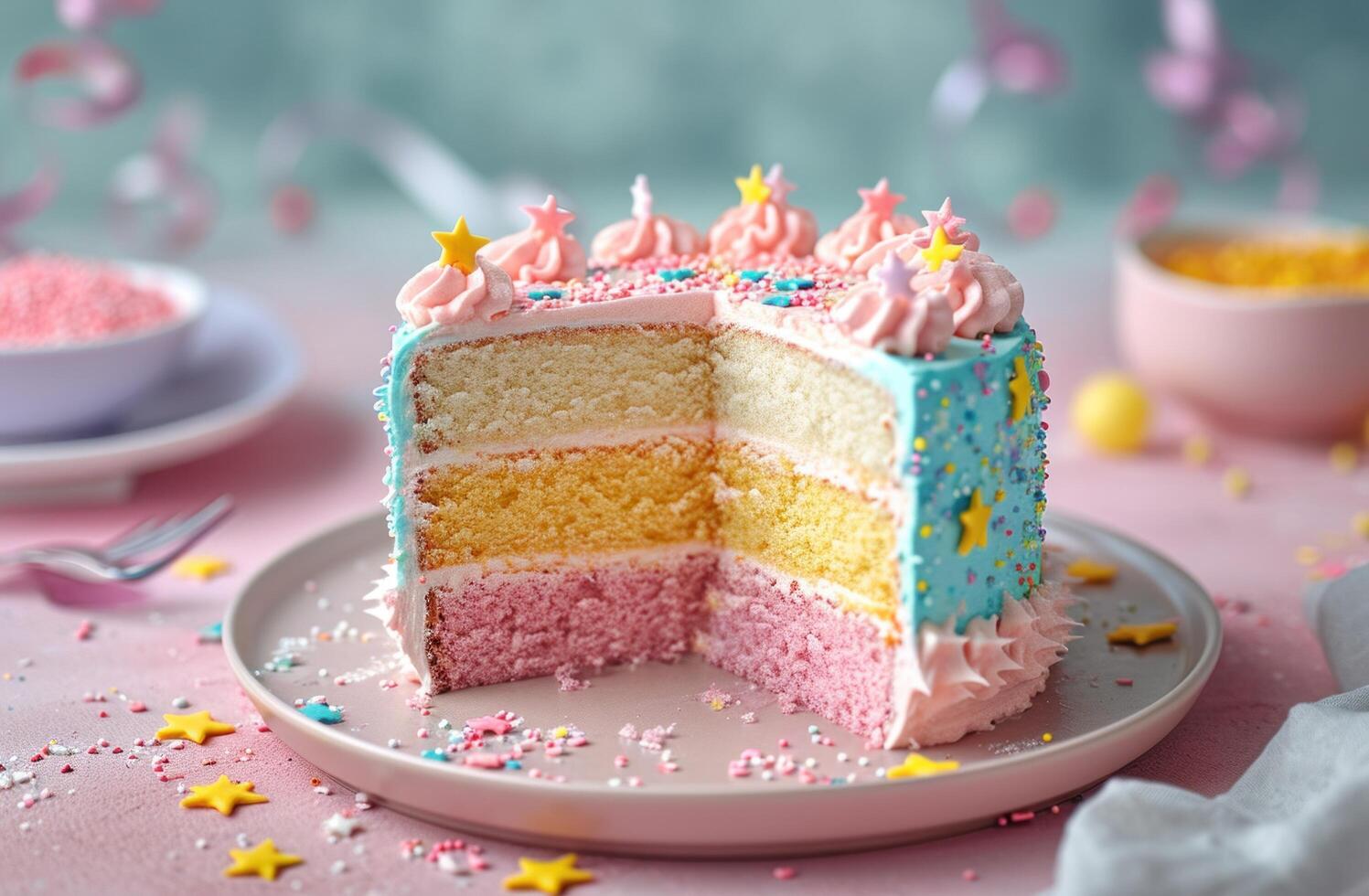 AI generated blue, pink, and yellow rainbow birthday cake on a table with stars over it photo