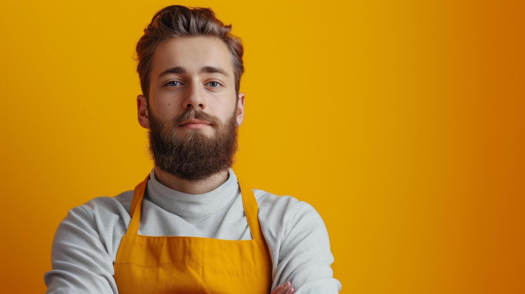 AI generated minimalist vivid advertisment background with handsome shef and copy space photo