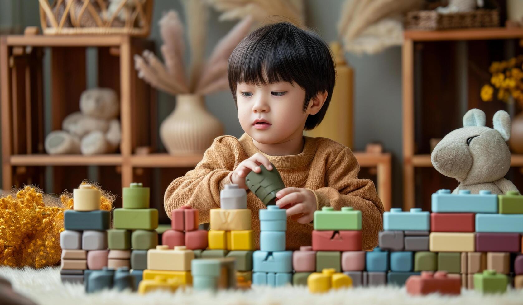 AI generated a little boy is playing with building blocks photo