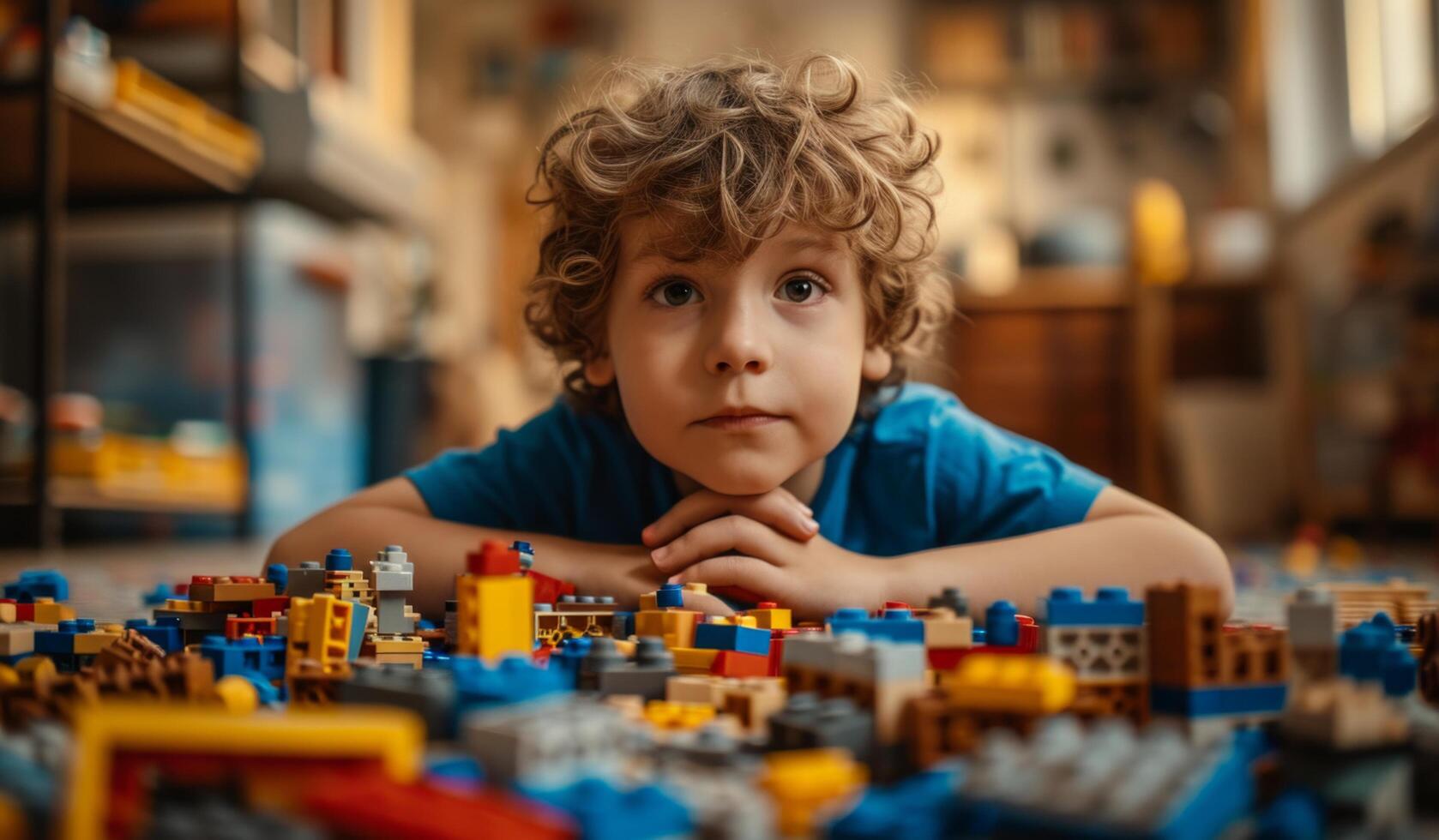 AI generated boy is playing with legos in home photo