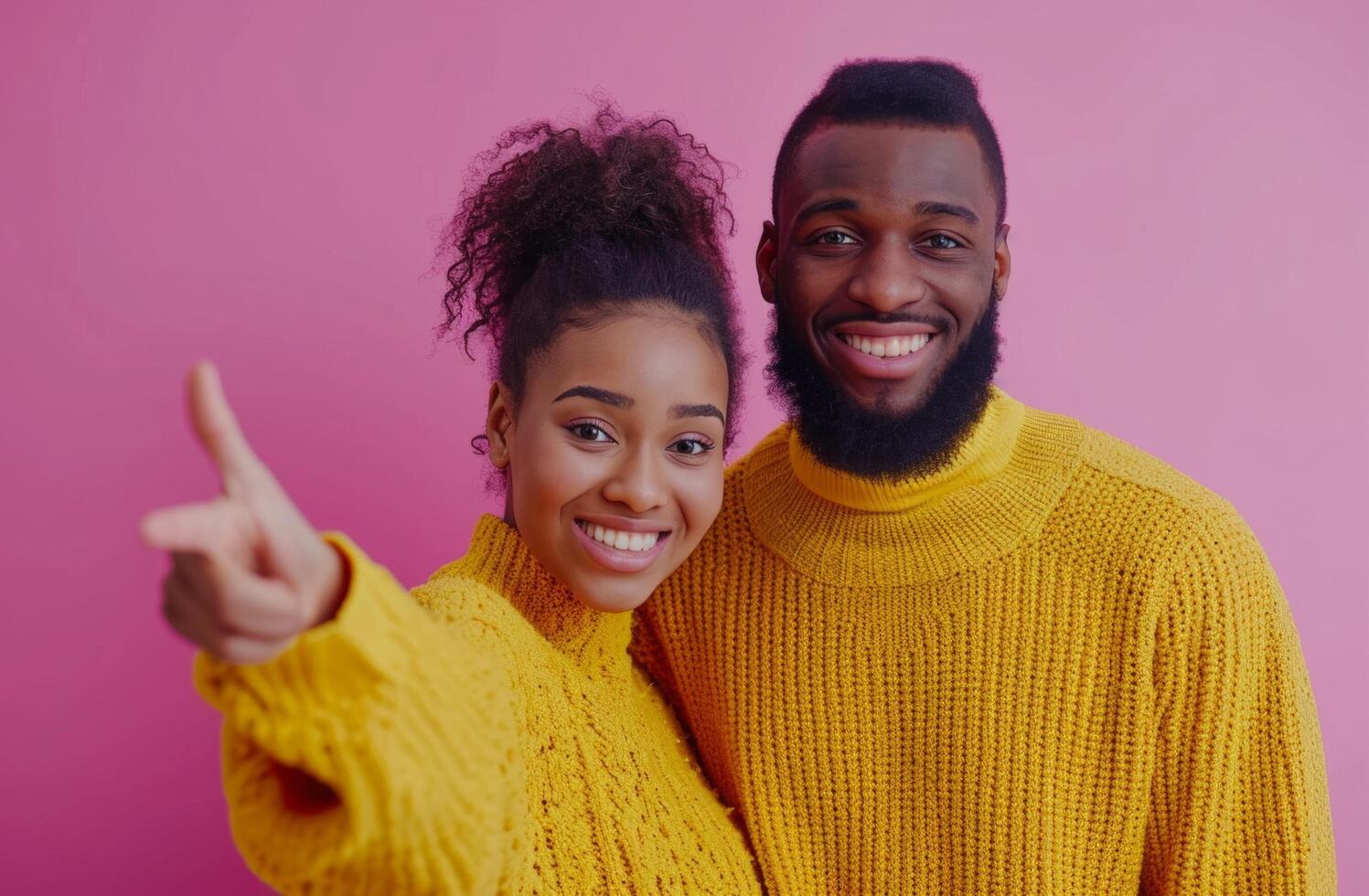 AI generated couple in a yellow sweater making a hand gesture photo