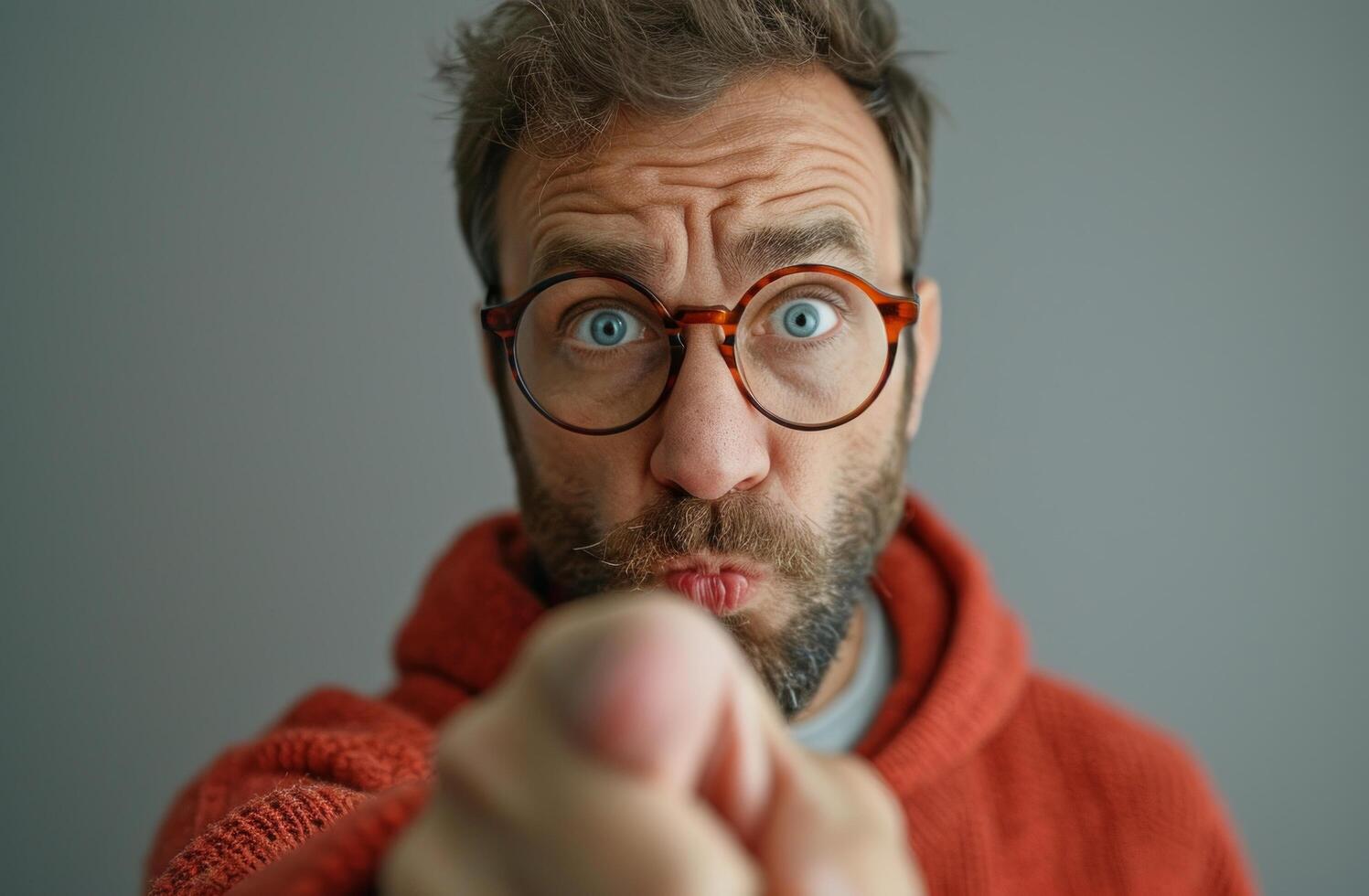 AI generated man surprised with glasses, pointing at camera photo