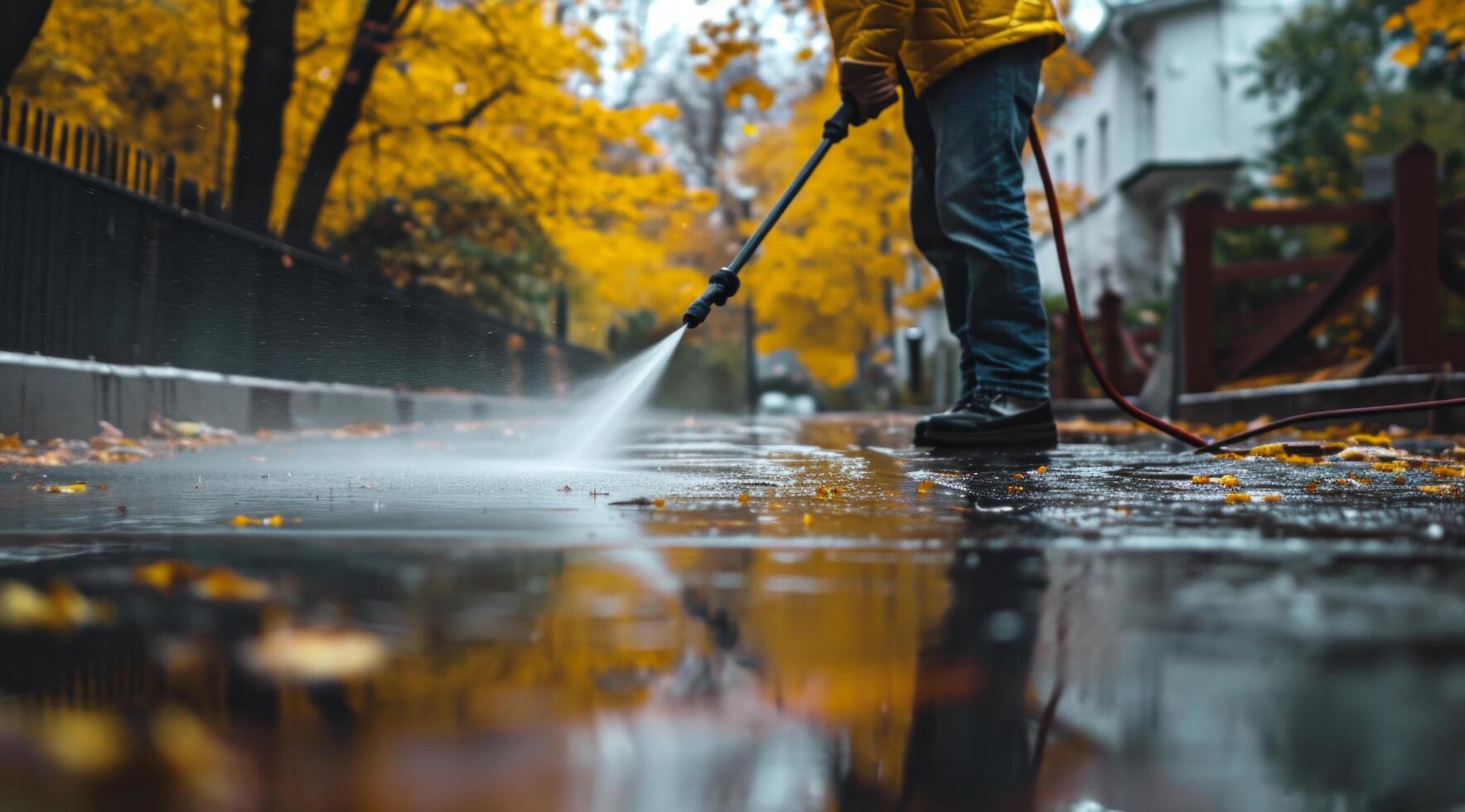 ai generado hombre poder Lavado su la carretera en mojado clima con lluvia foto