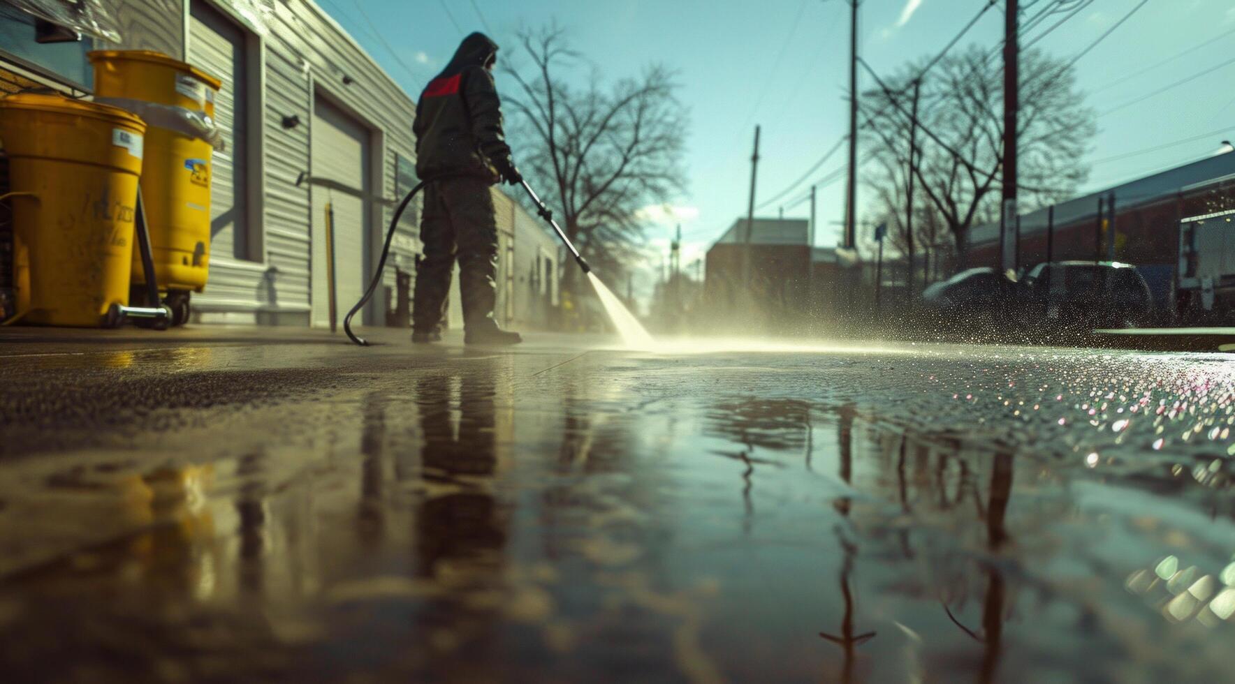 AI generated man washing a wet walkway with white high quality house cleaning nozzle, photo