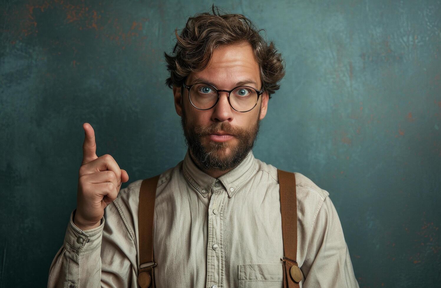 AI generated man with glasses and a suspender pointing his hand to the side photo