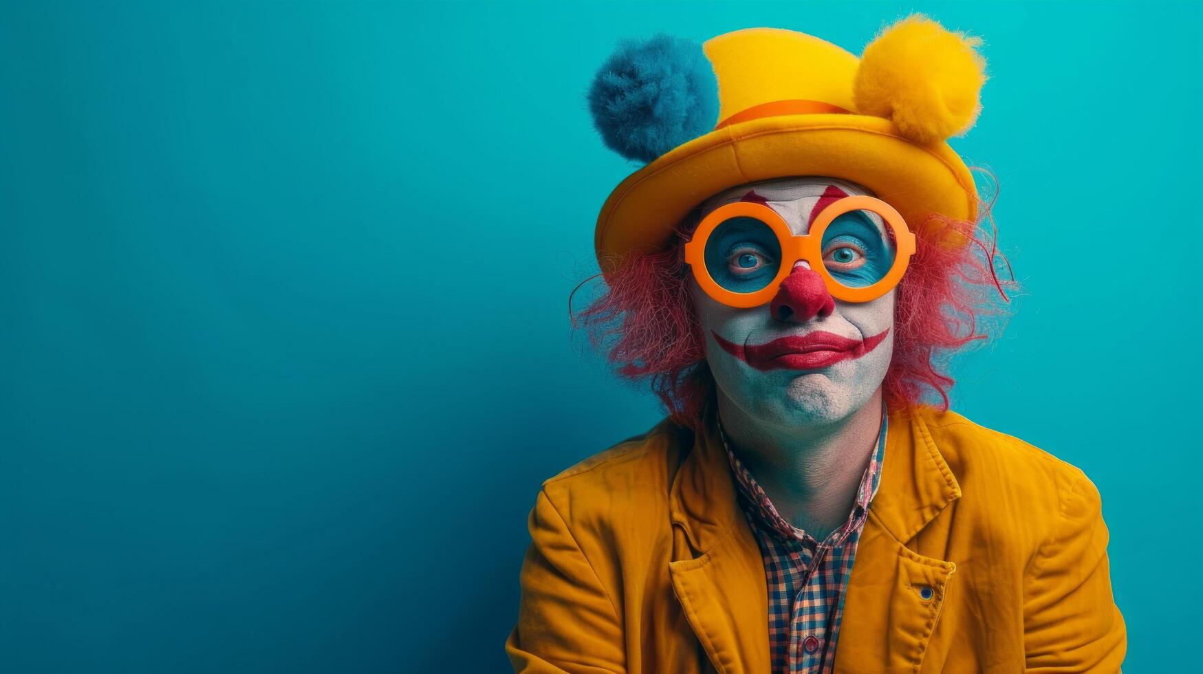 AI generated minimalist vivid advertisment background with handsome clown and copy space photo