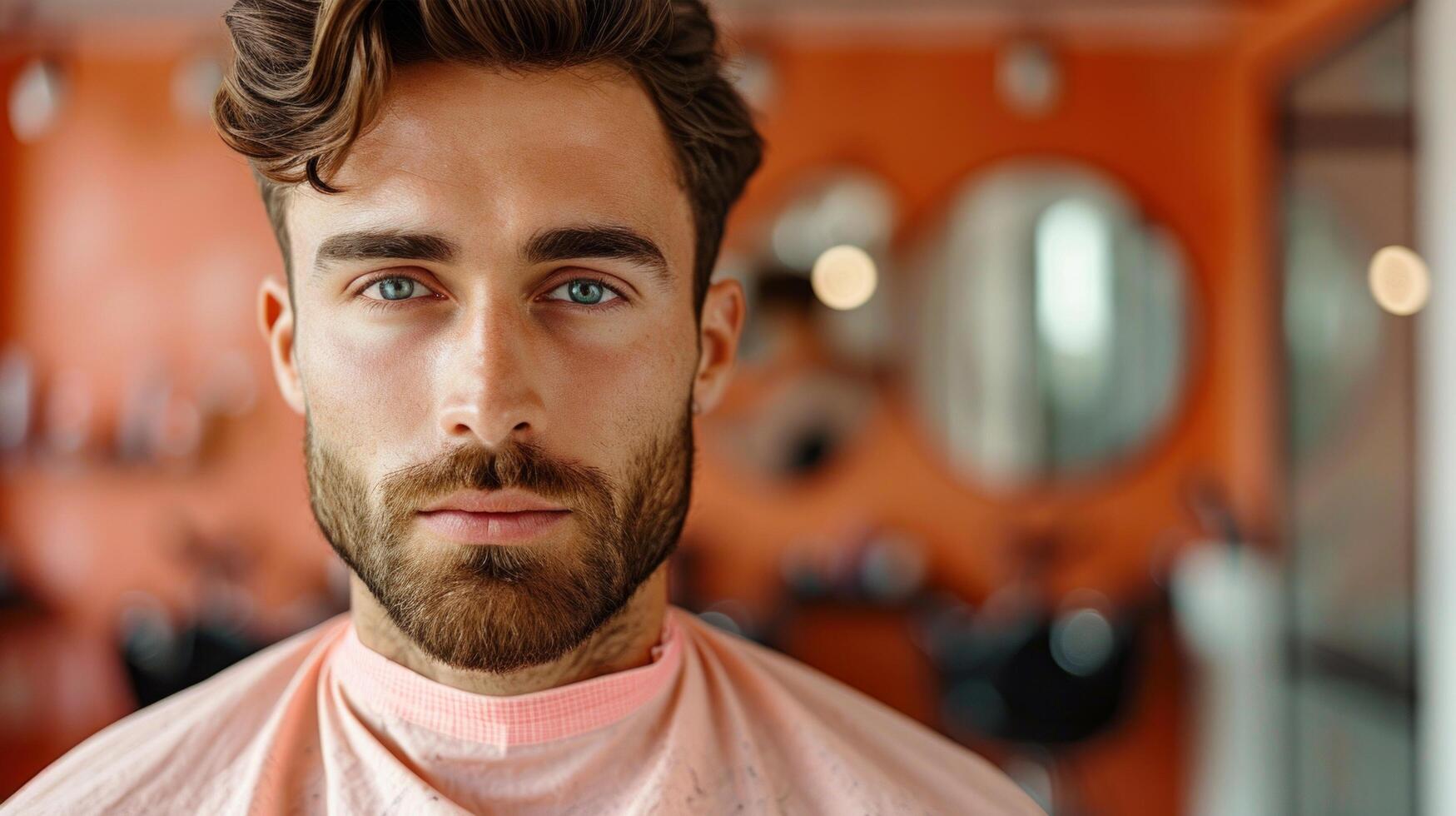 AI generated minimalist vivid advertisment background with handsome barber and copy space photo