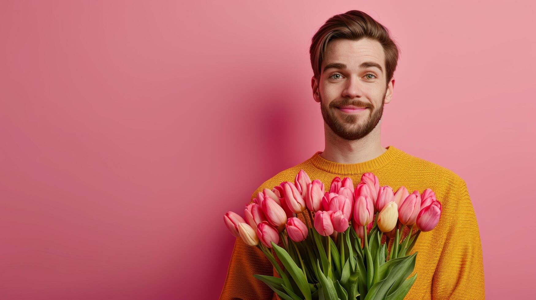 AI generated minimalist vivid advertisment background with handsome man with large tulip bouquet and copy space photo