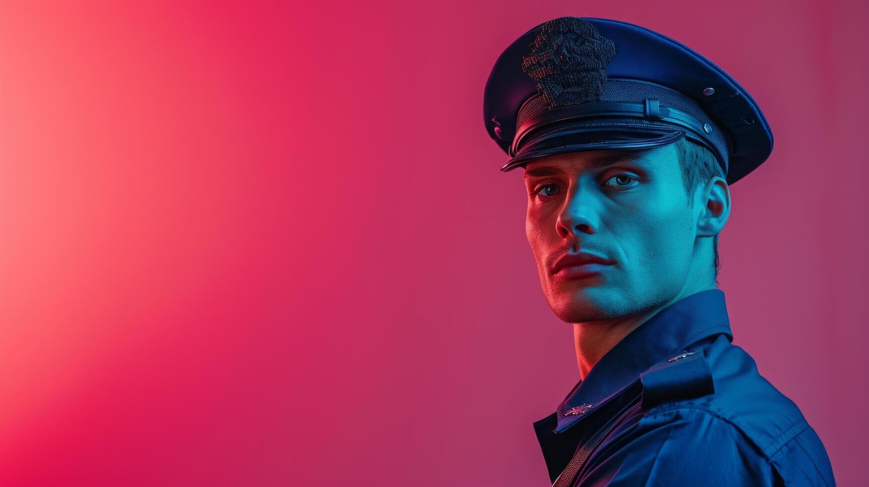 AI generated minimalist vivid advertisment background with handsome police man and copy space photo