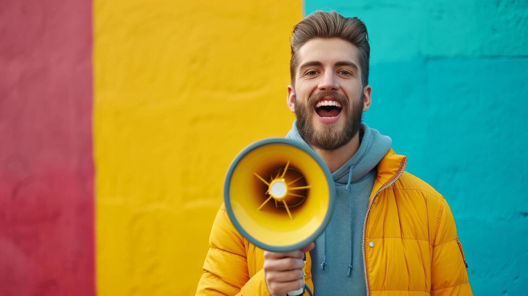 AI generated minimalist vivid advertisment background with handsome man with megaphone and copy space photo