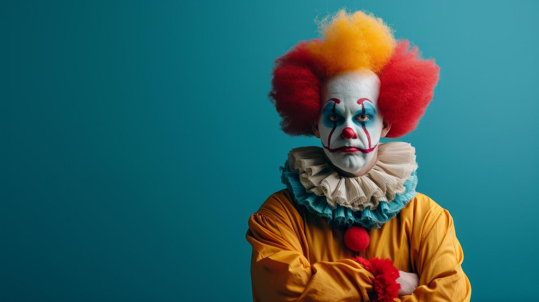 AI generated minimalist vivid advertisment background with handsome clown and copy space photo