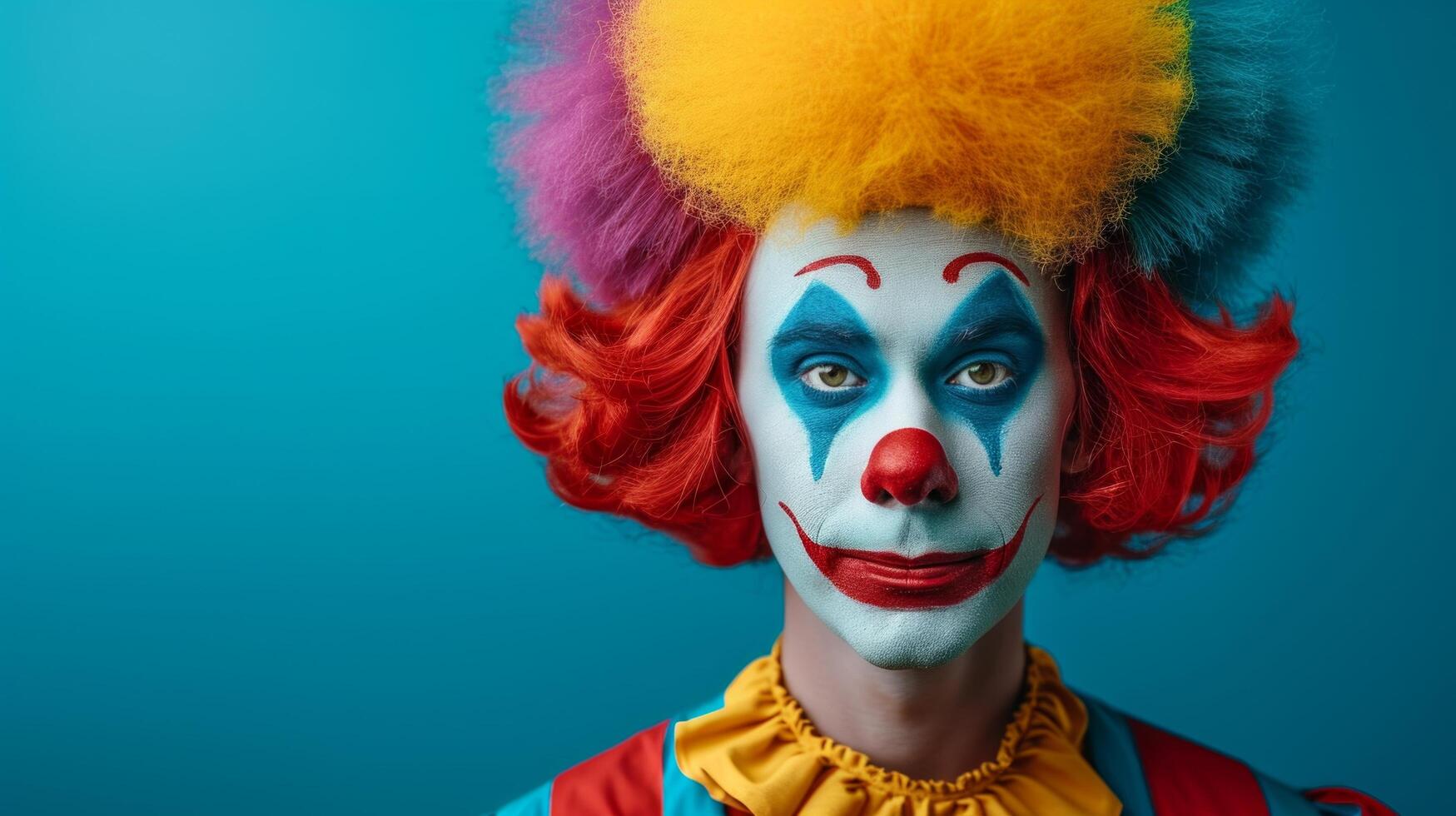 AI generated minimalist vivid advertisment background with handsome clown and copy space photo