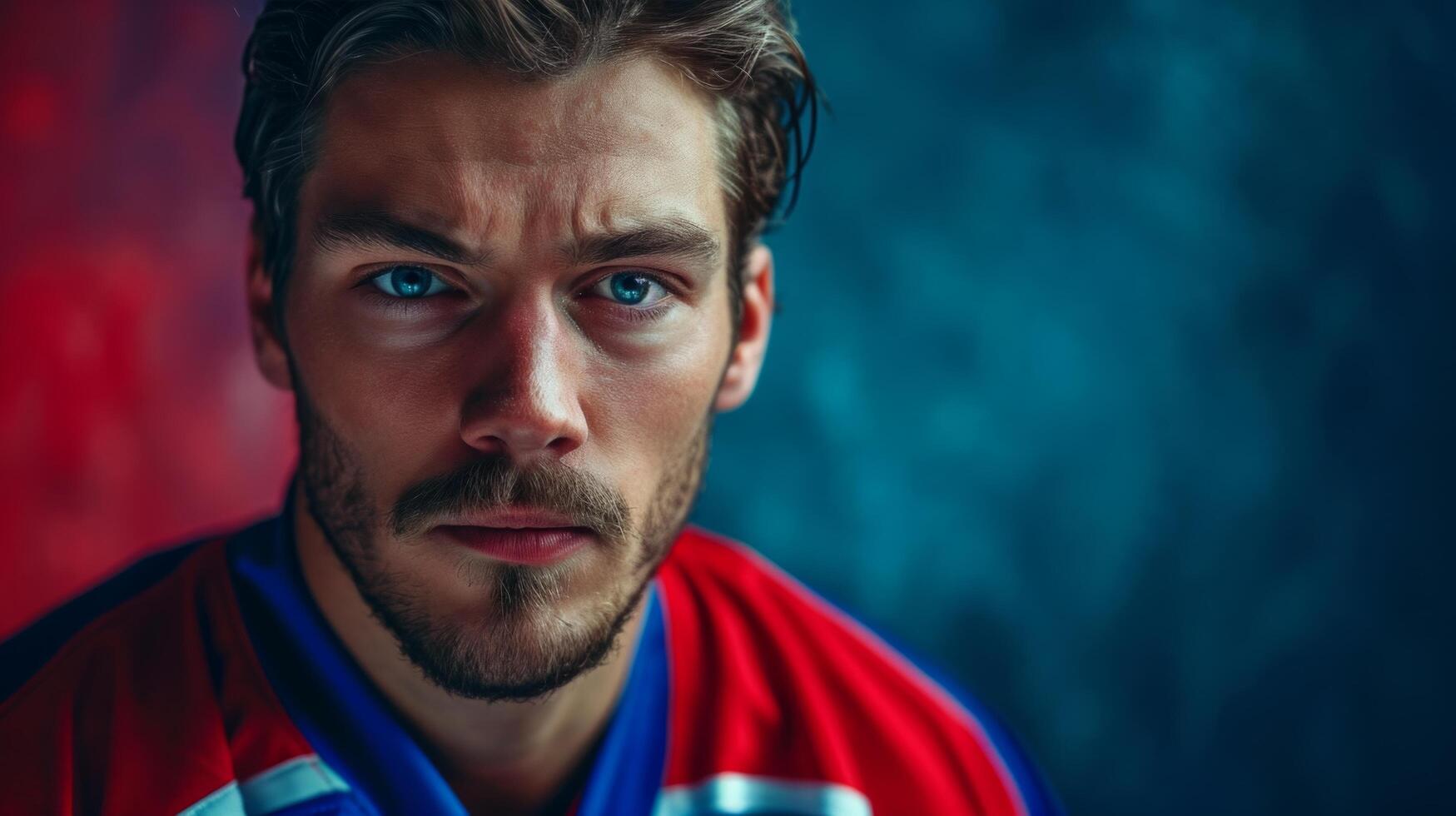 AI generated minimalist vivid advertisment background with handsome hockey player and copy space photo