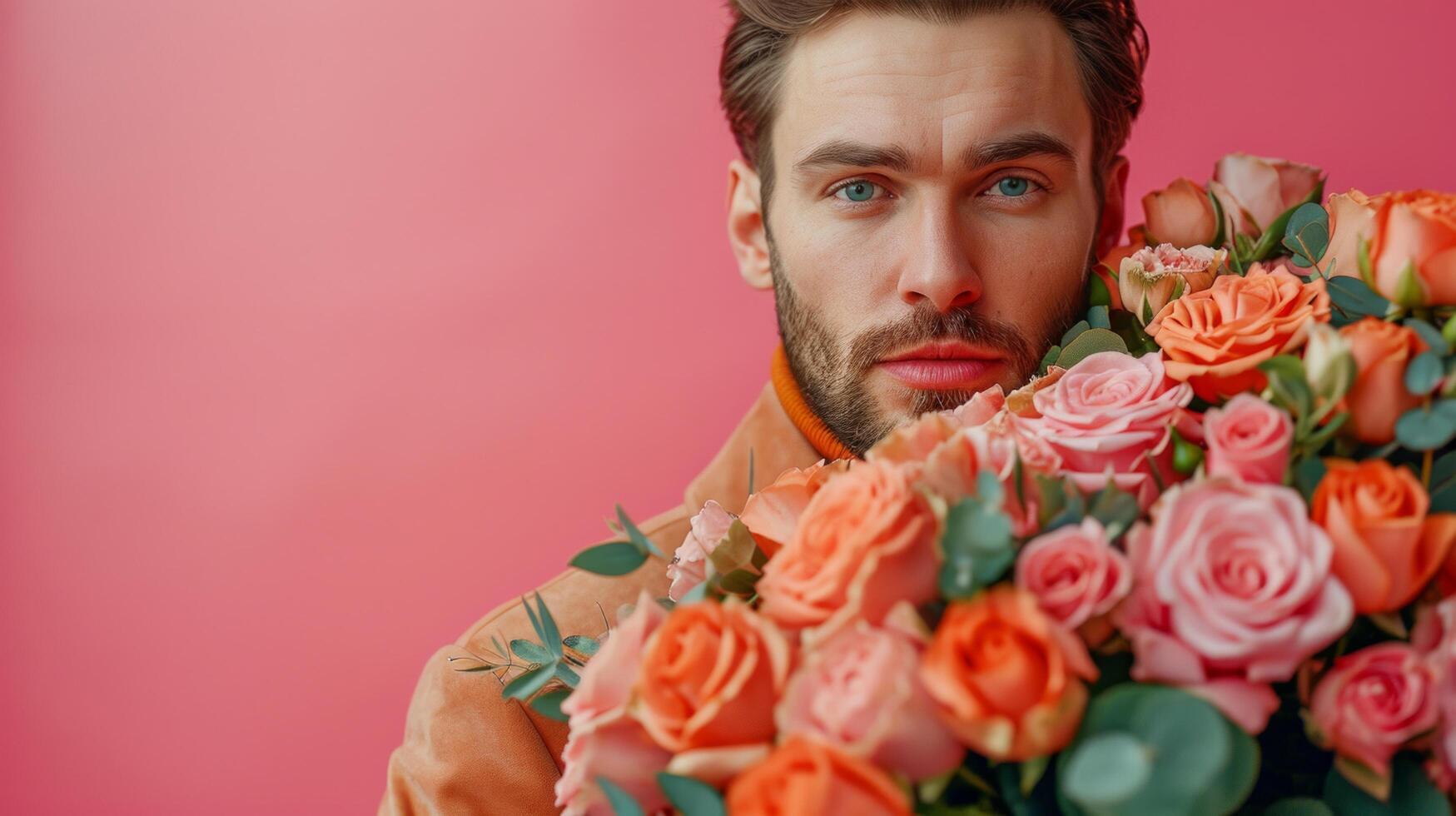 AI generated minimalist vivid advertisment background with handsome man with large rose bouquet and copy space photo
