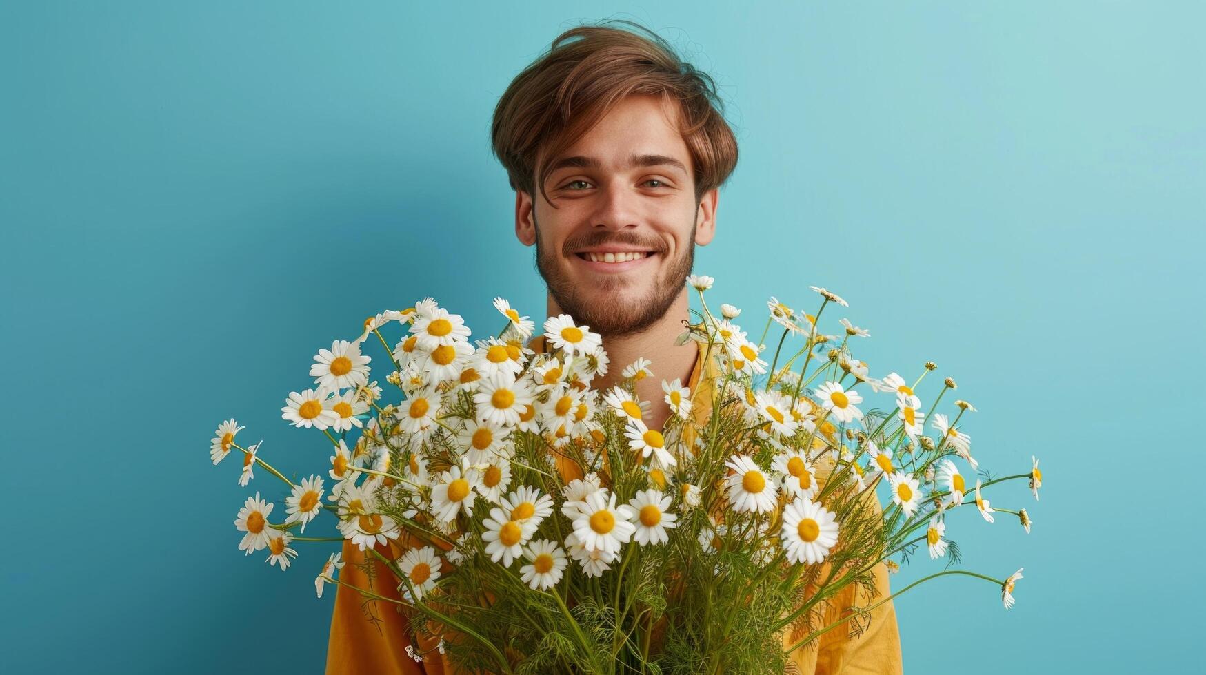 AI generated minimalist vivid advertisment background with handsome man with chamomile bouquet and copy space photo
