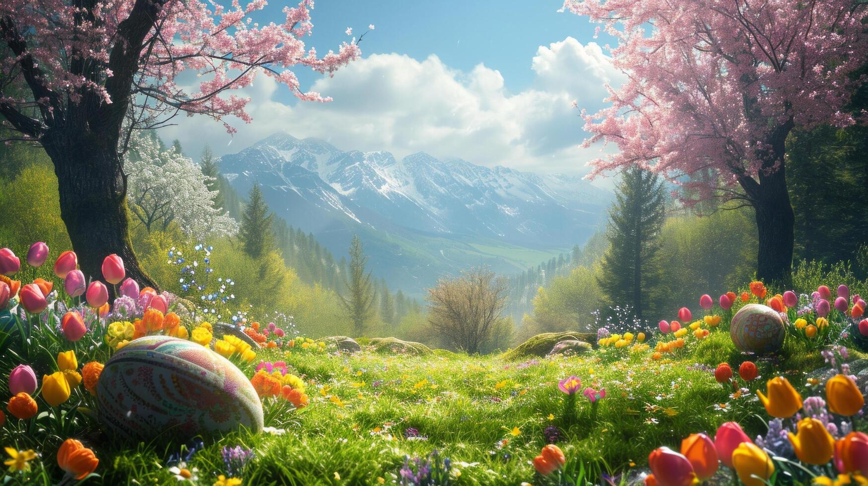 AI generated Spring Spectacle. Vibrant Easter scene offering a captivating backdrop for advertising photo