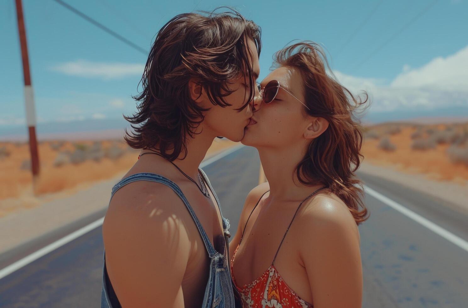 AI generated the two lovers on a road are kissing photo