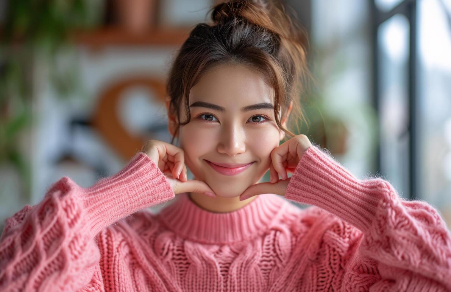 AI generated young female smiling in pink sweater showing her hands and faces while forming a heart photo