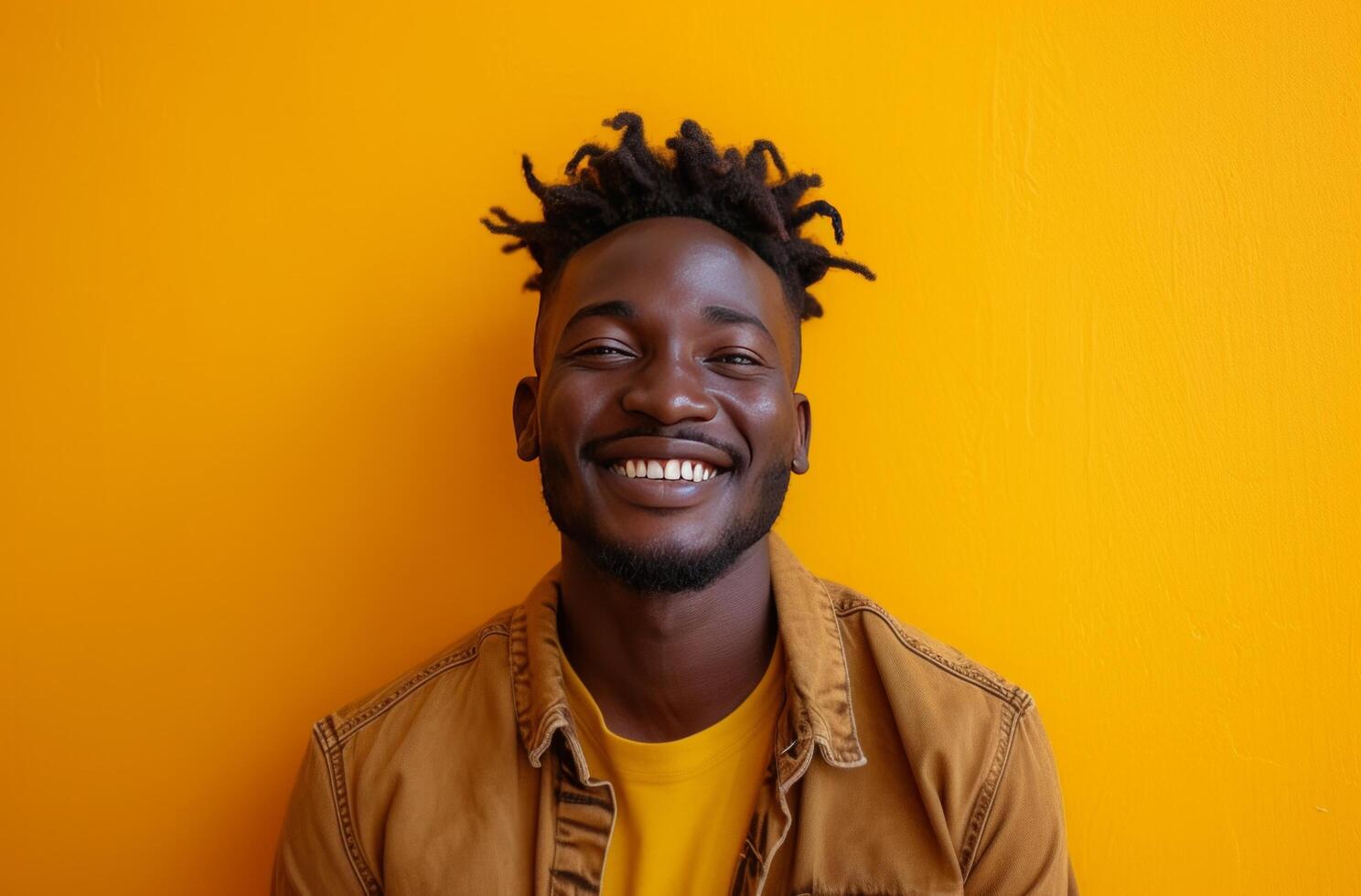 AI generated smiling african man on the yellow background photo