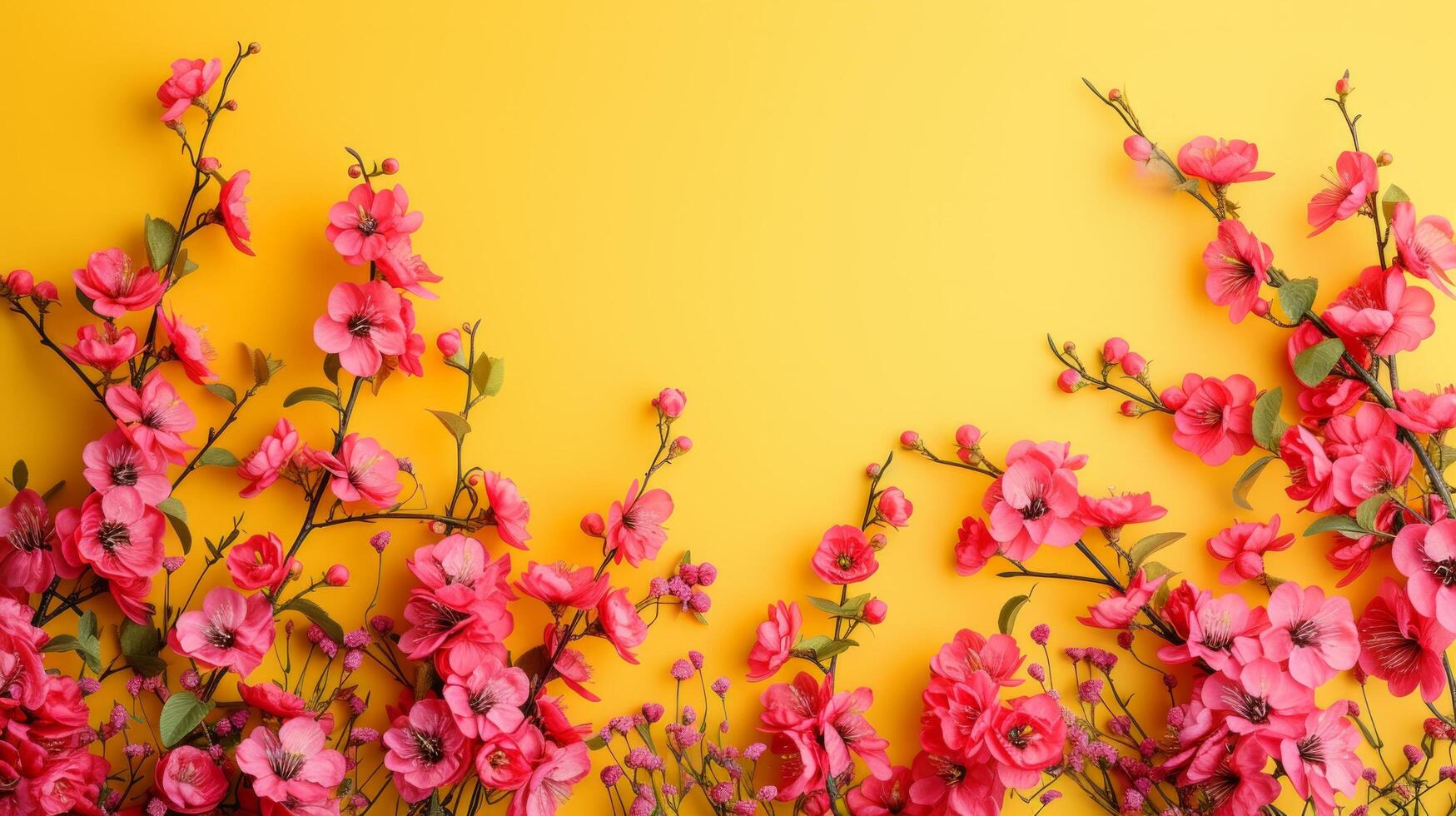 AI generated minimalist vivid advertisment background with spring bouquet and copy space photo