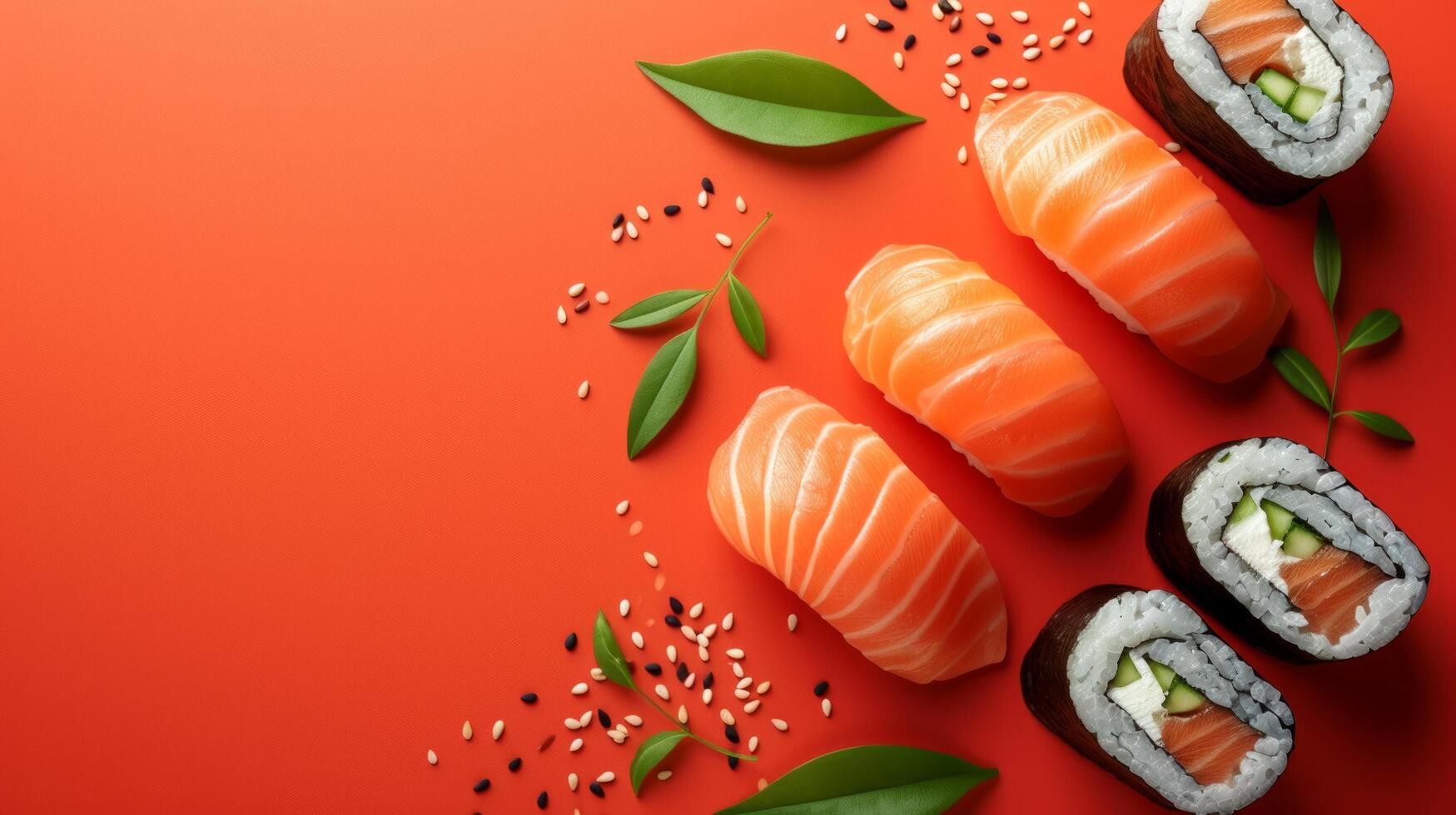 AI generated minimalist vivid advertisment background with sushi and copy space photo