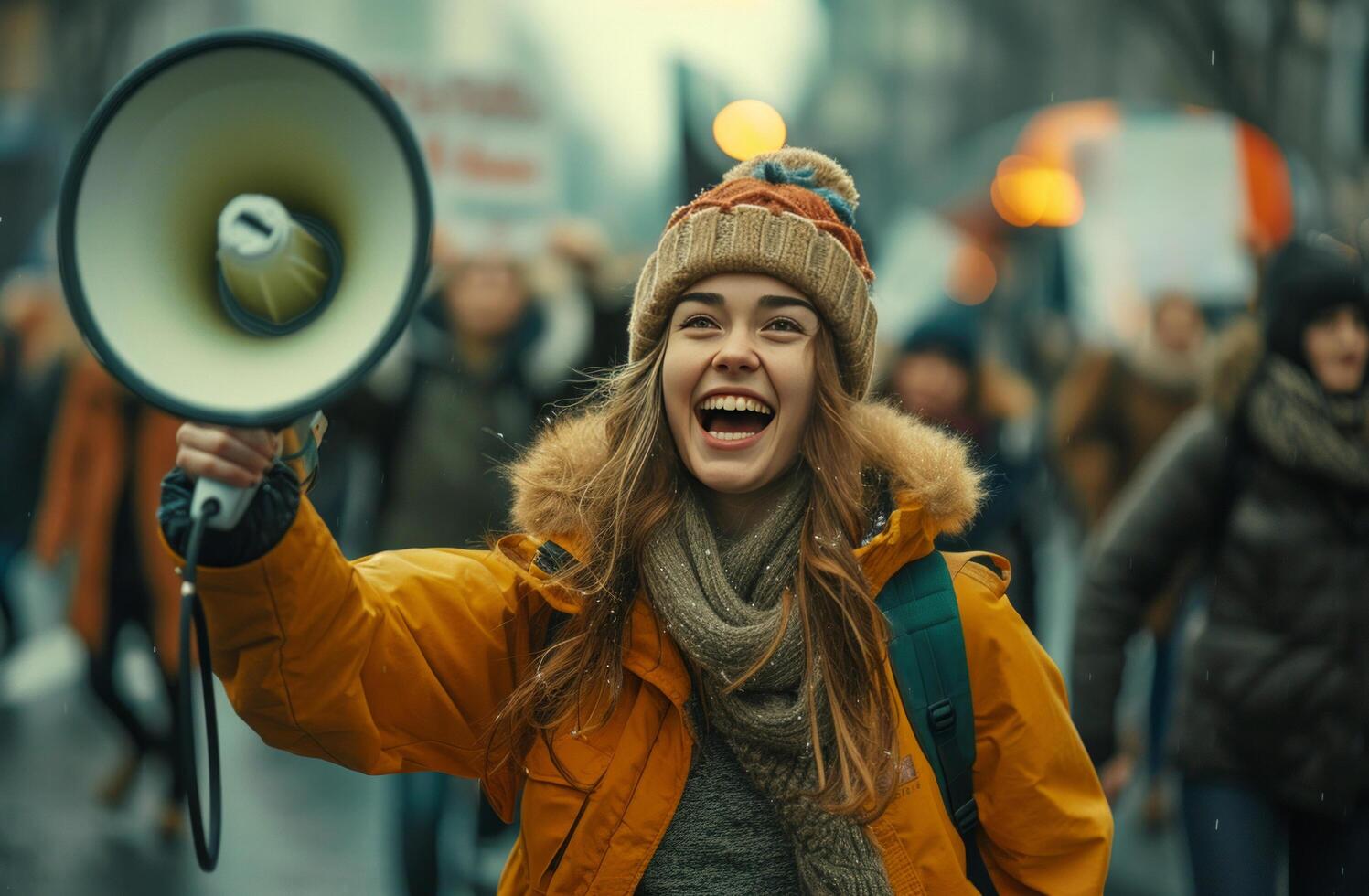 AI generated a girl with large protest signs shouts over a megaphone photo