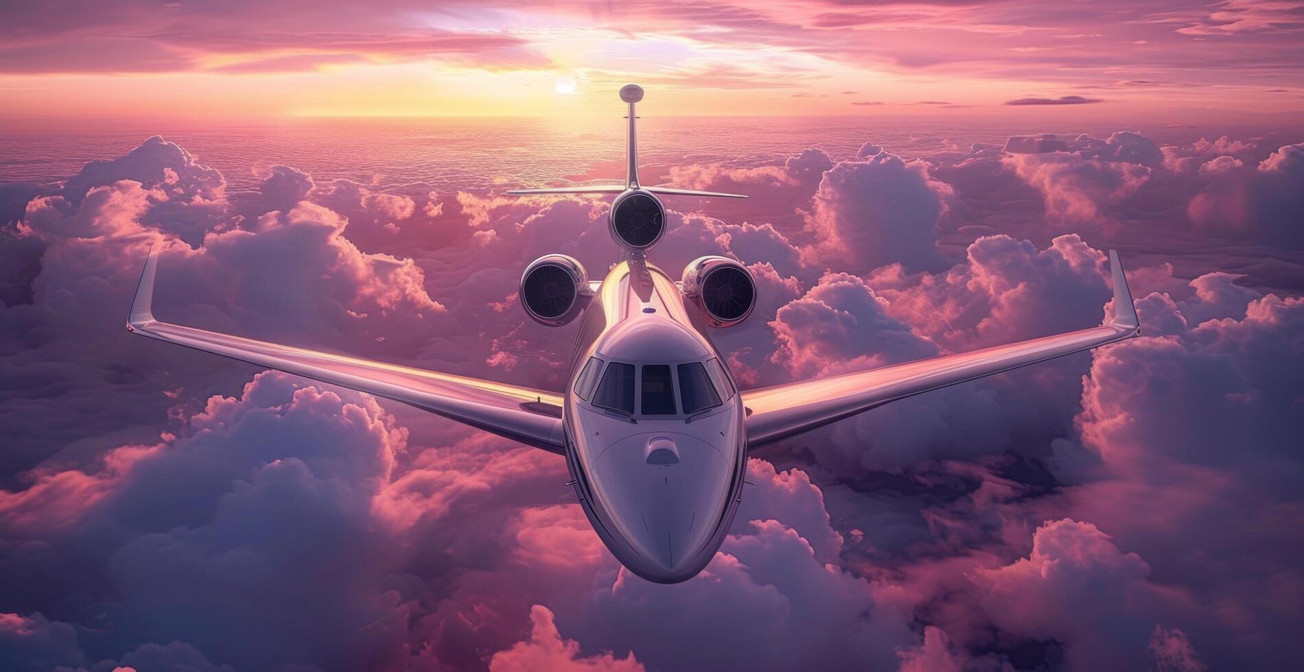A jet travels through the clouds and sky, AI generated image showing dynamic flight and travel concept