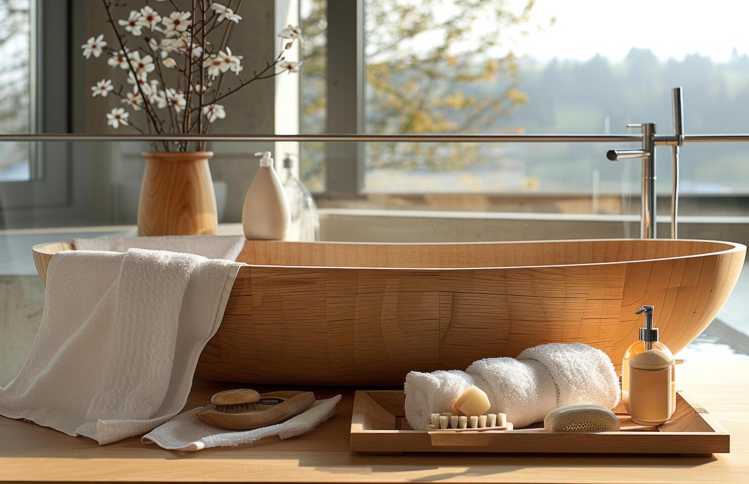 AI generated a large wooden tub placed in a bathroom with a tray full of towels photo