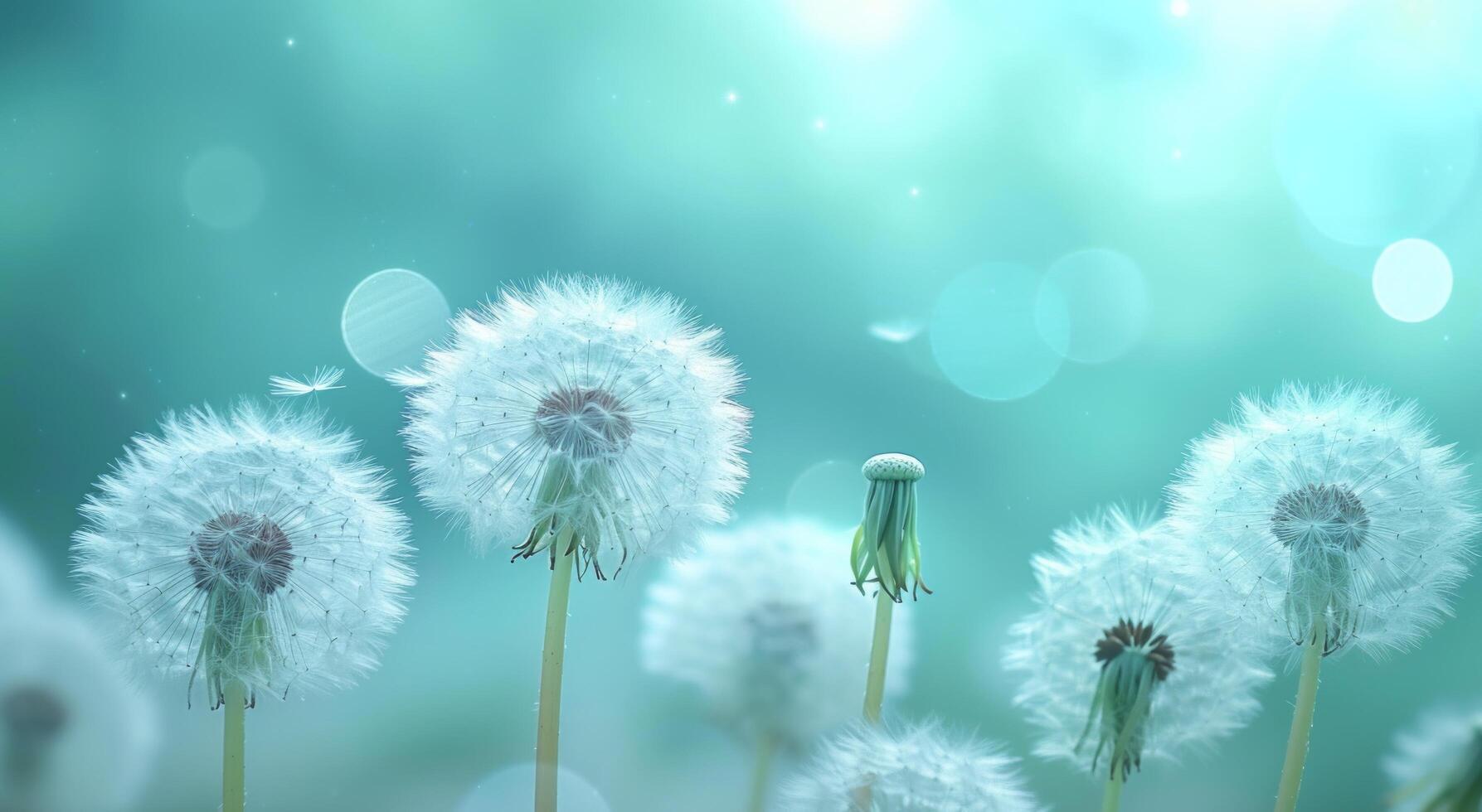 AI generated dandelions are flying in front of a blurry background photo