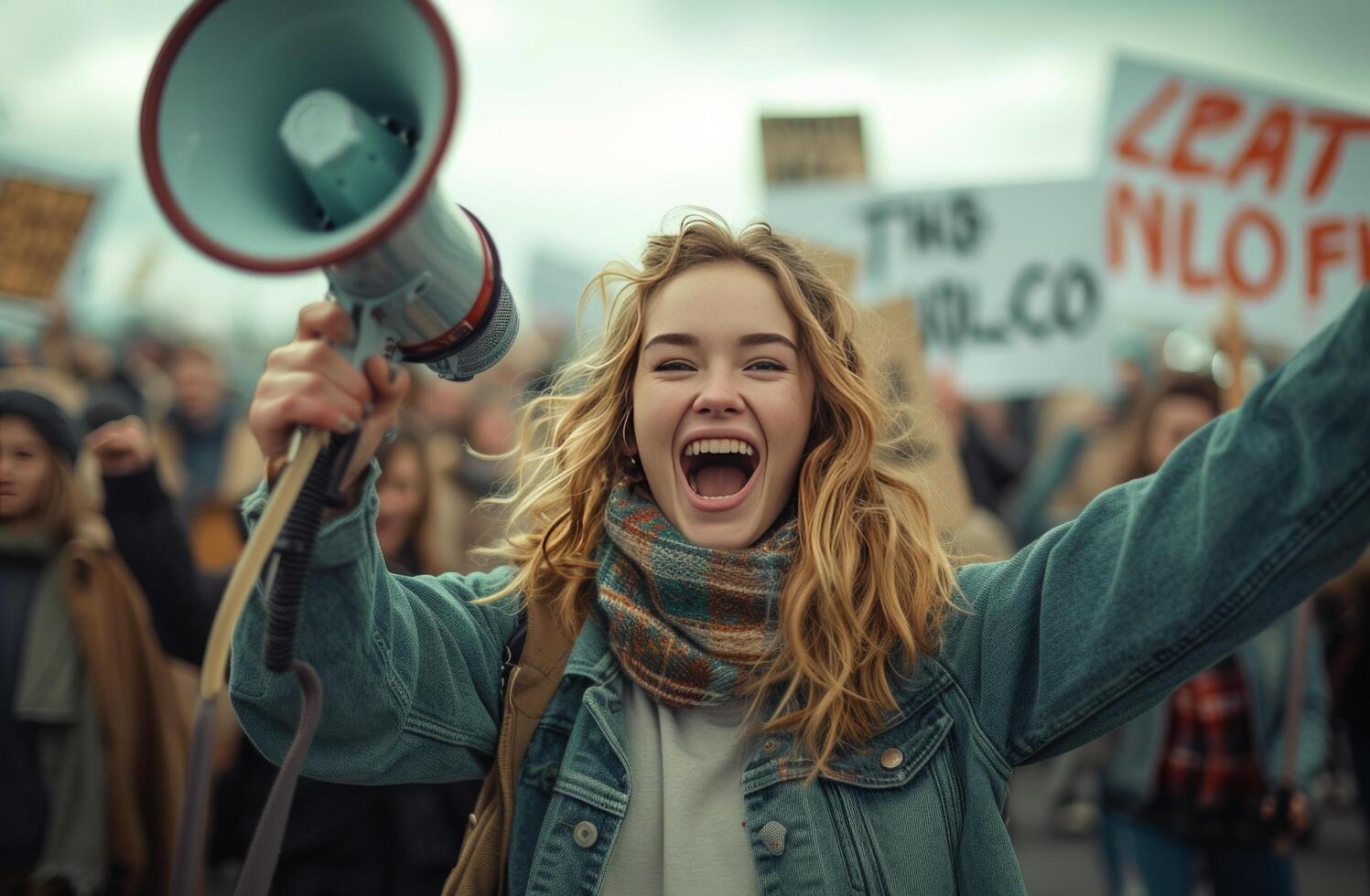 AI generated woman shouting into megaphone while holding signs in front of the protest photo