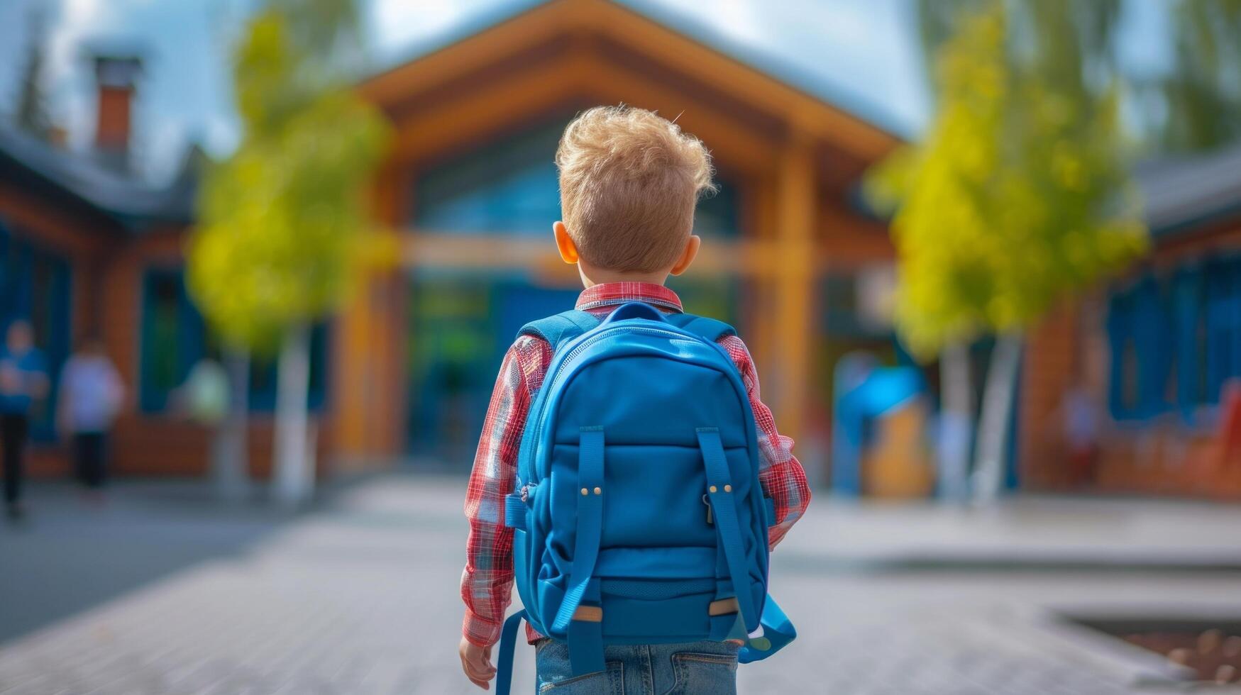 ai generado un chico con un azul colegio mochila alegremente camina a colegio foto