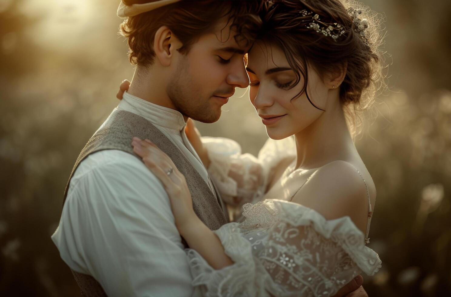 AI generated a couple embracing and one of them holding the hands of the bride photo