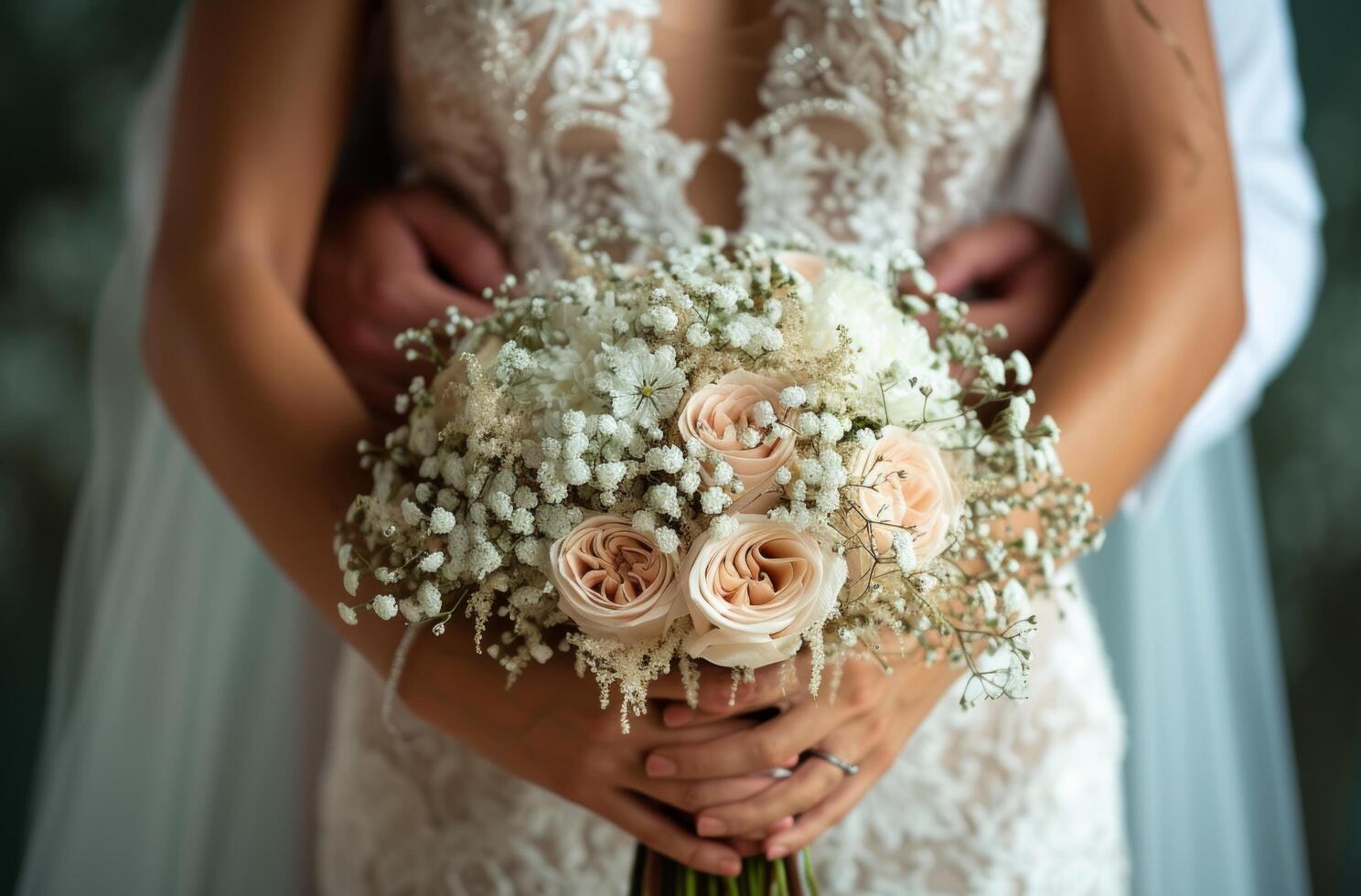 AI generated a couple embracing and one of them holding the hands of the bride photo
