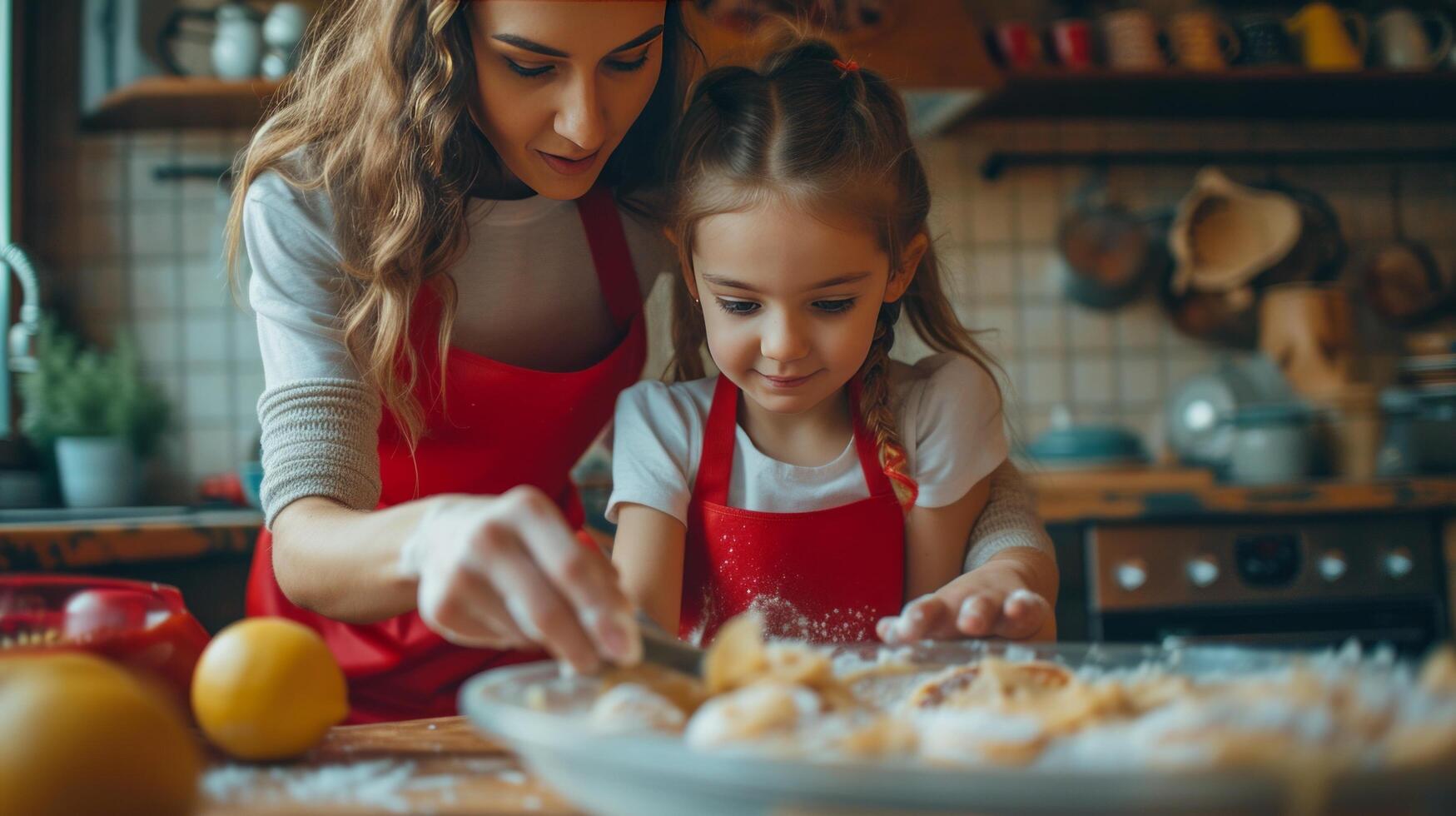 AI generated A girl and her mother in red aprons are baking pancakes in the kitchen photo