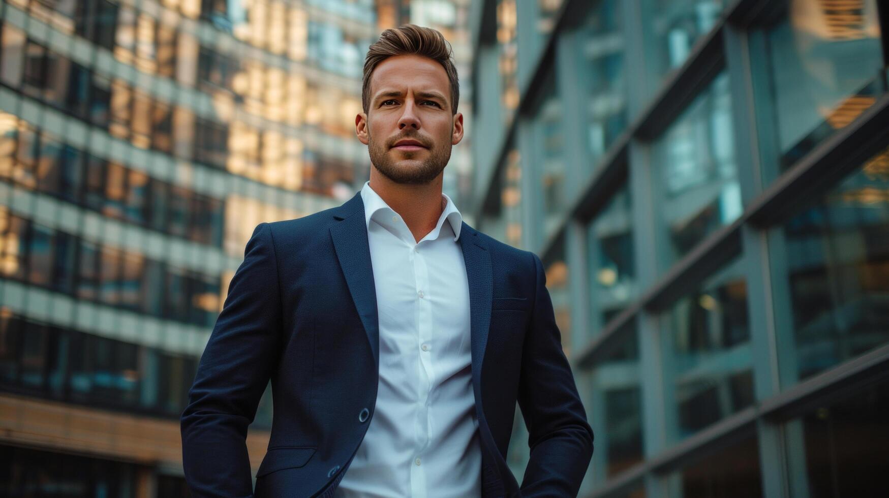 AI generated A handsome confident man dressed in a suit stands with his hands in his pockets against the backdrop photo