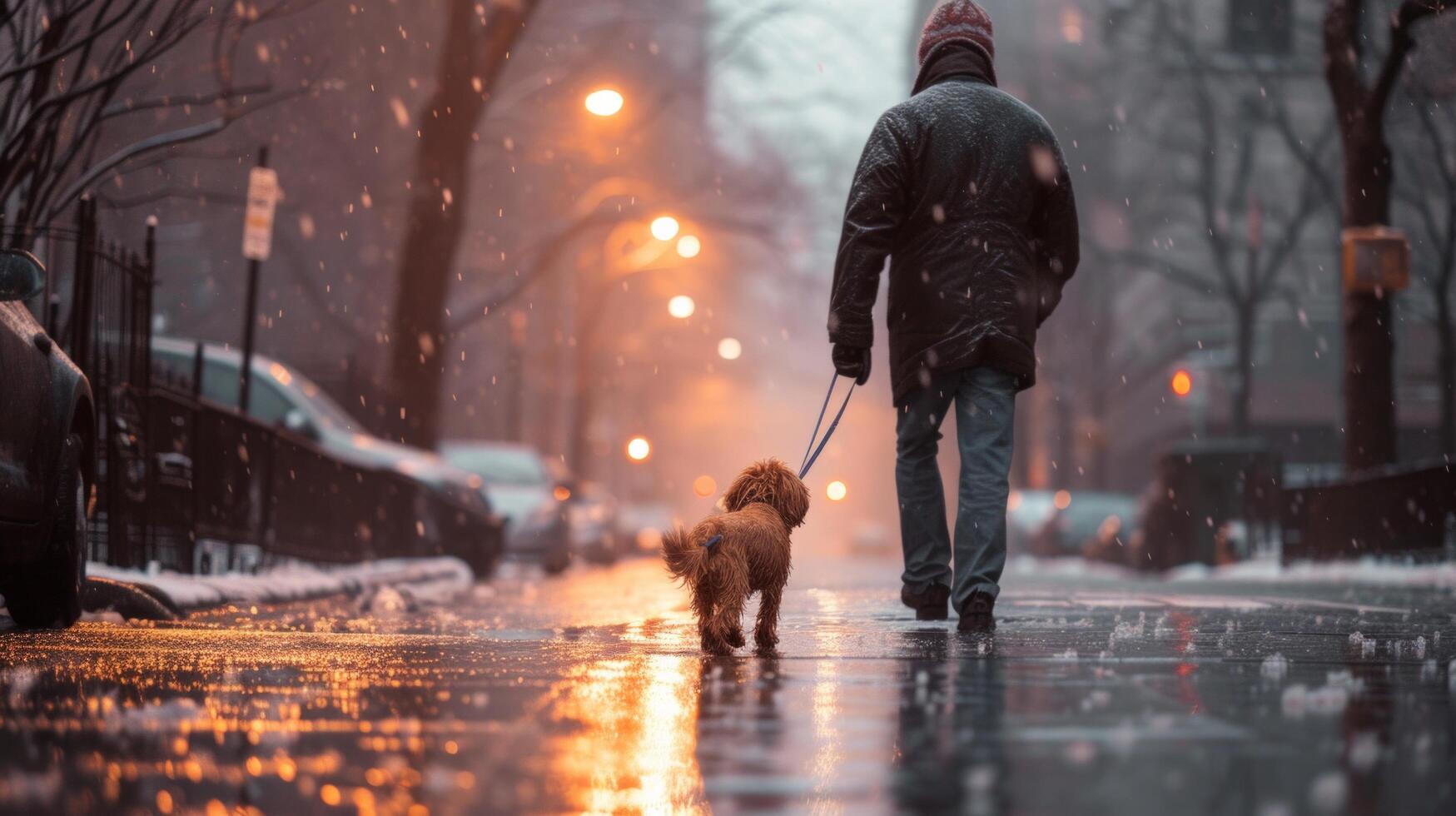 AI generated A man walks his Yorkshire terrier dog in the rain along the street of city photo
